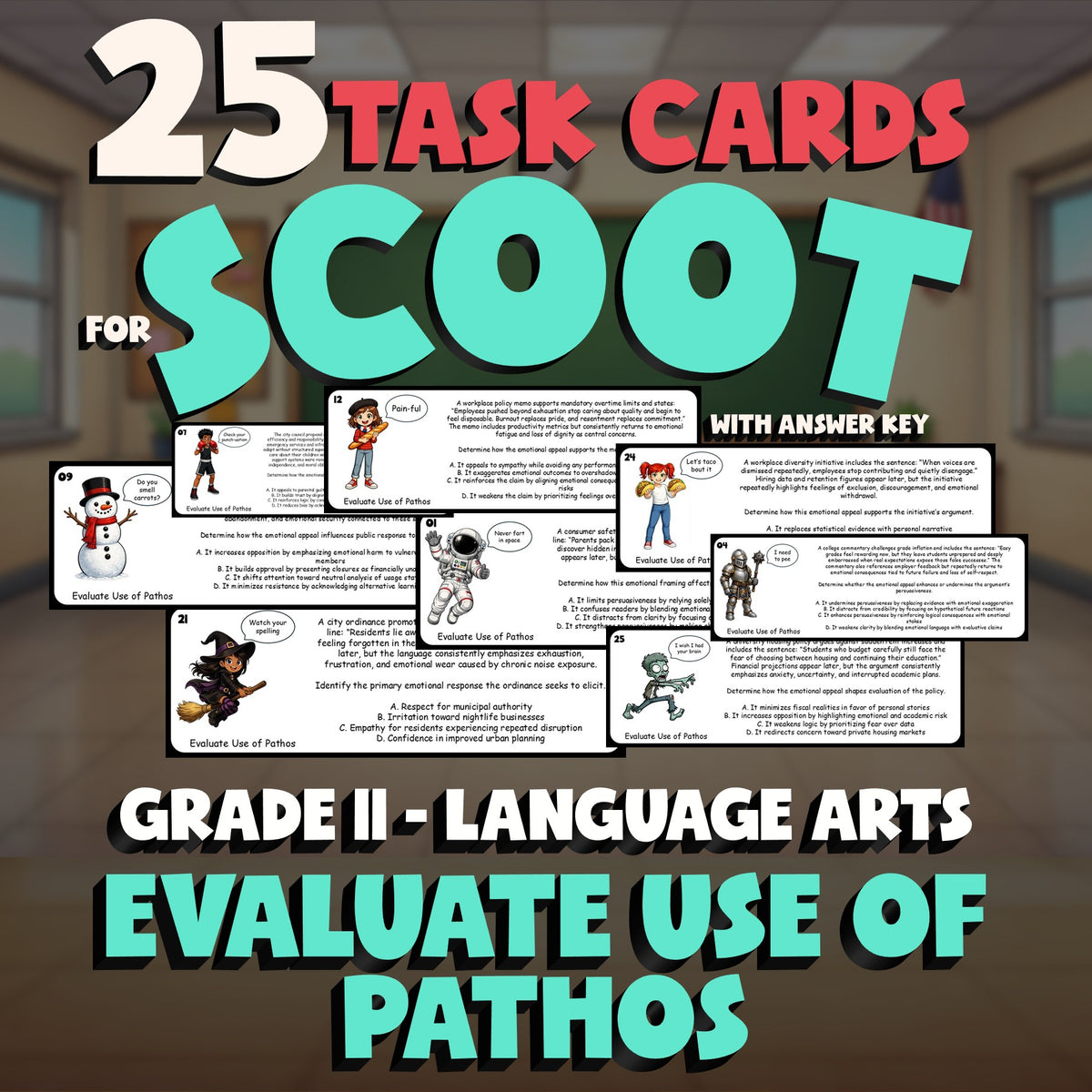 Evaluate Use of Pathos SCOOT TASK CARDS ELA Game - No Prep Grade 11 Review