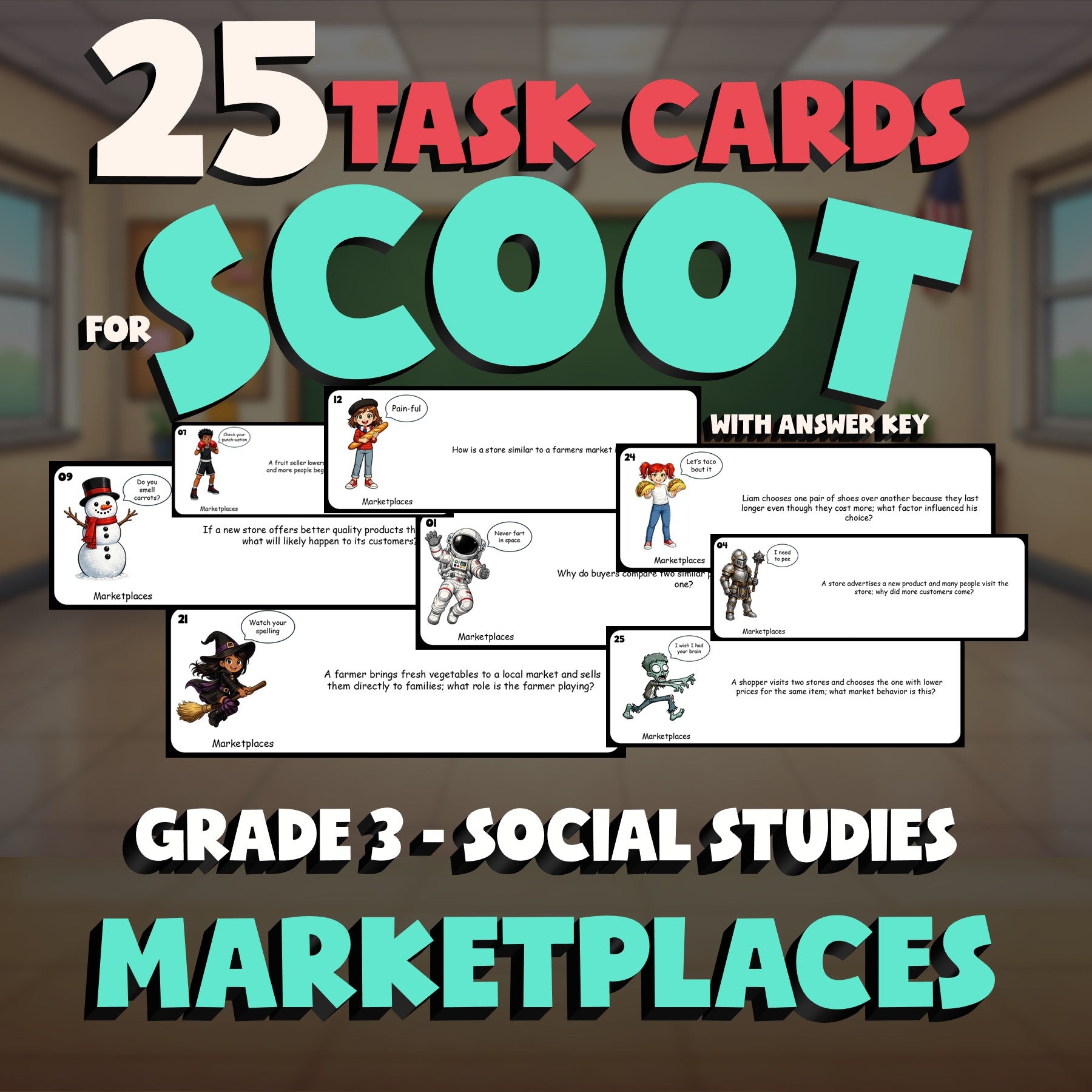 Marketplaces SCOOT TASK CARDS Socials Game - No Prep Grade 3 Review Activity