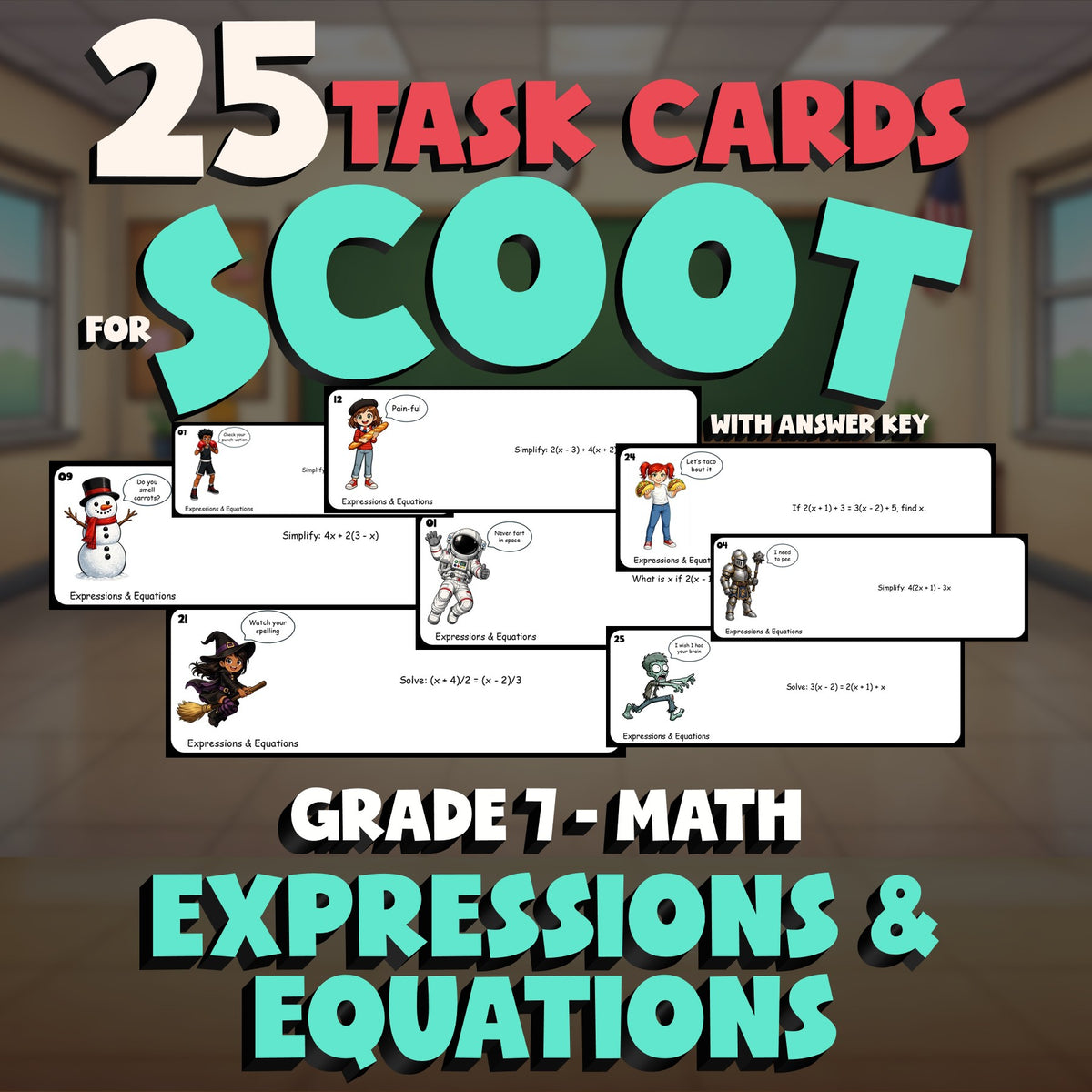 Expressions & Equations SCOOT TASK CARDS Math Game - No Prep Grade 7 Review