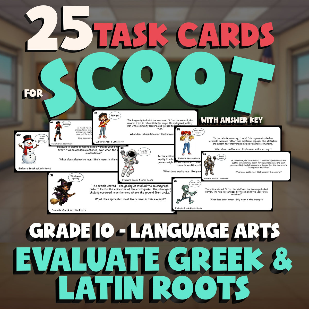 Evaluate Greek & Latin Roots SCOOT TASK CARDS ELA Game - No Prep Grade 10 Review