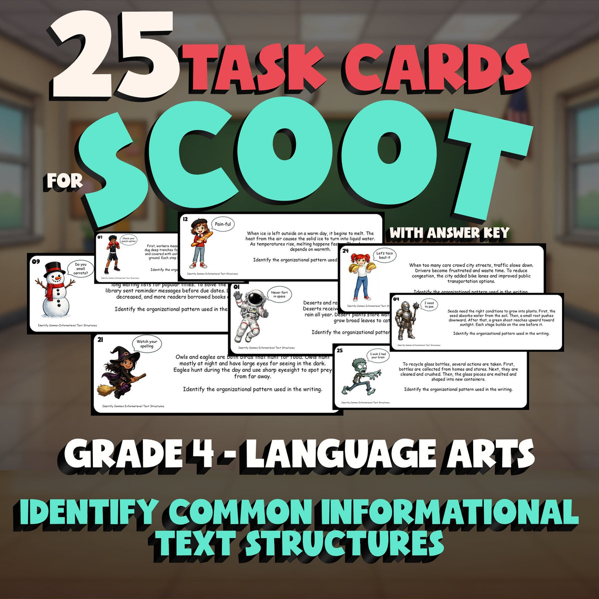 Identify Common Informational Text Structures SCOOT TASK CARDS ELA Game Grade 4