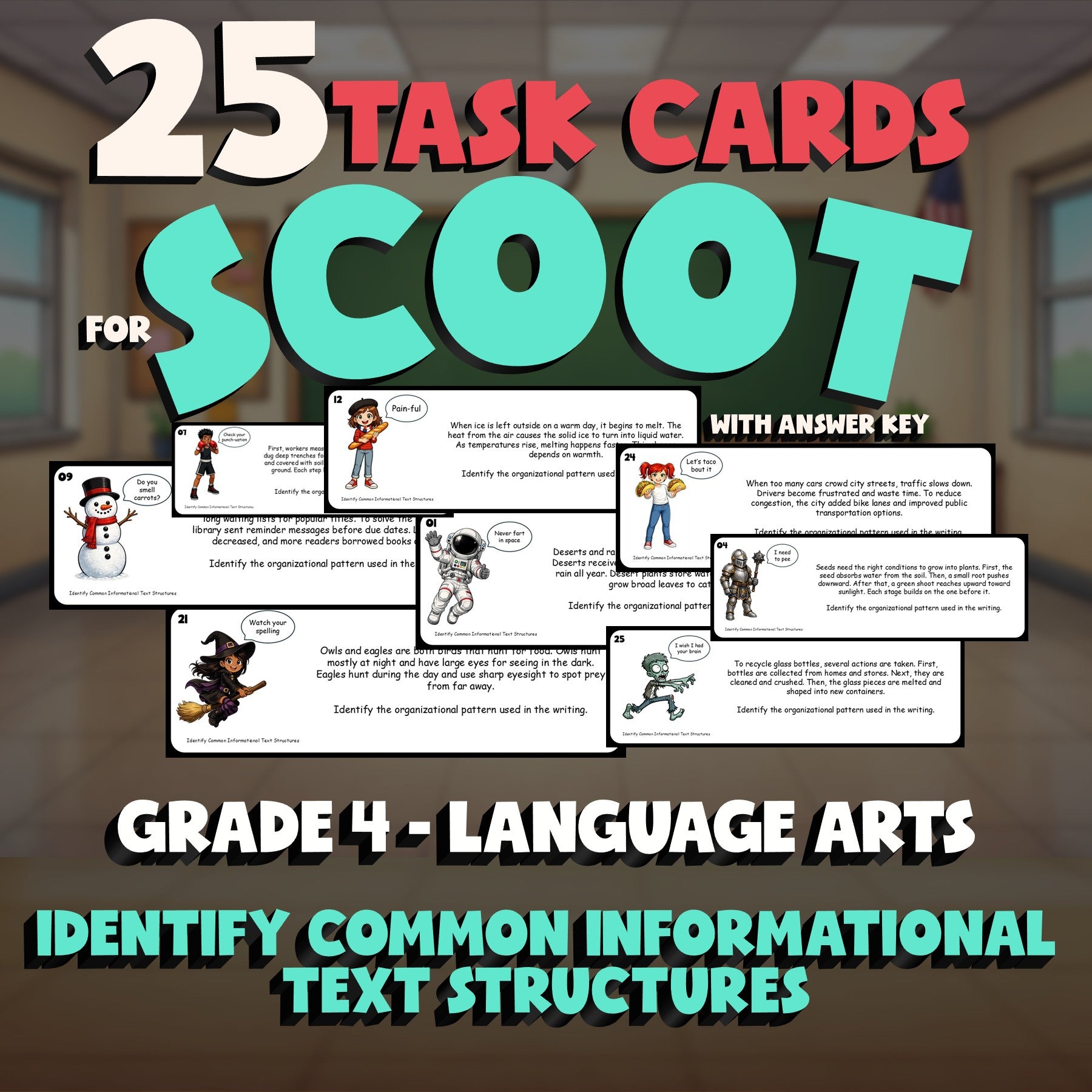 Identify Common Informational Text Structures SCOOT TASK CARDS ELA Game Grade 4