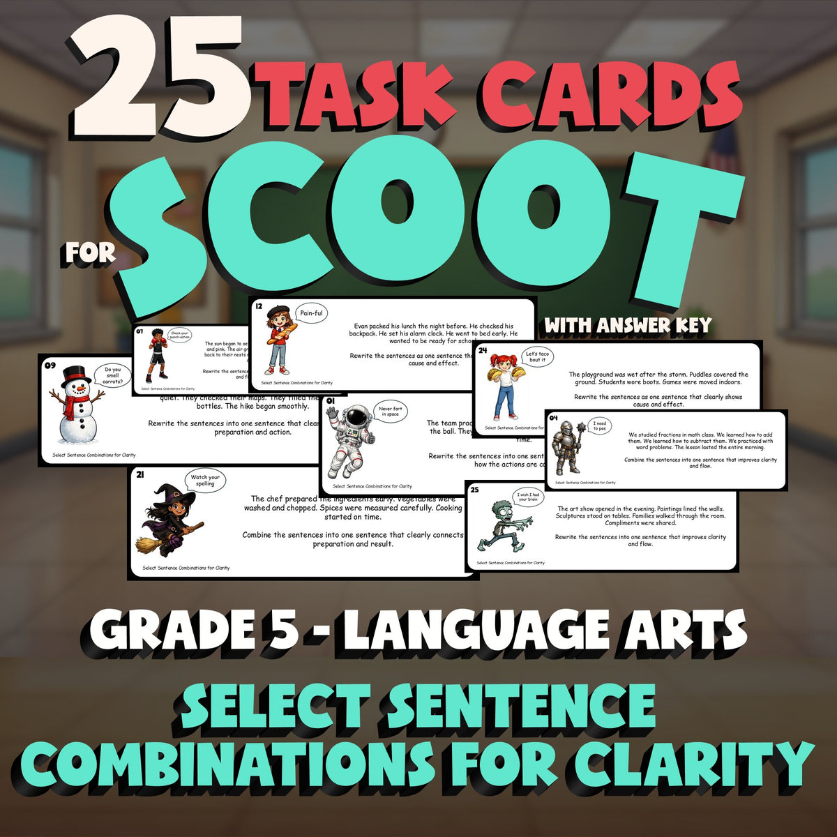 Select Sentence Combinations for Clarity SCOOT TASK CARDS ELA Game - Grade 5