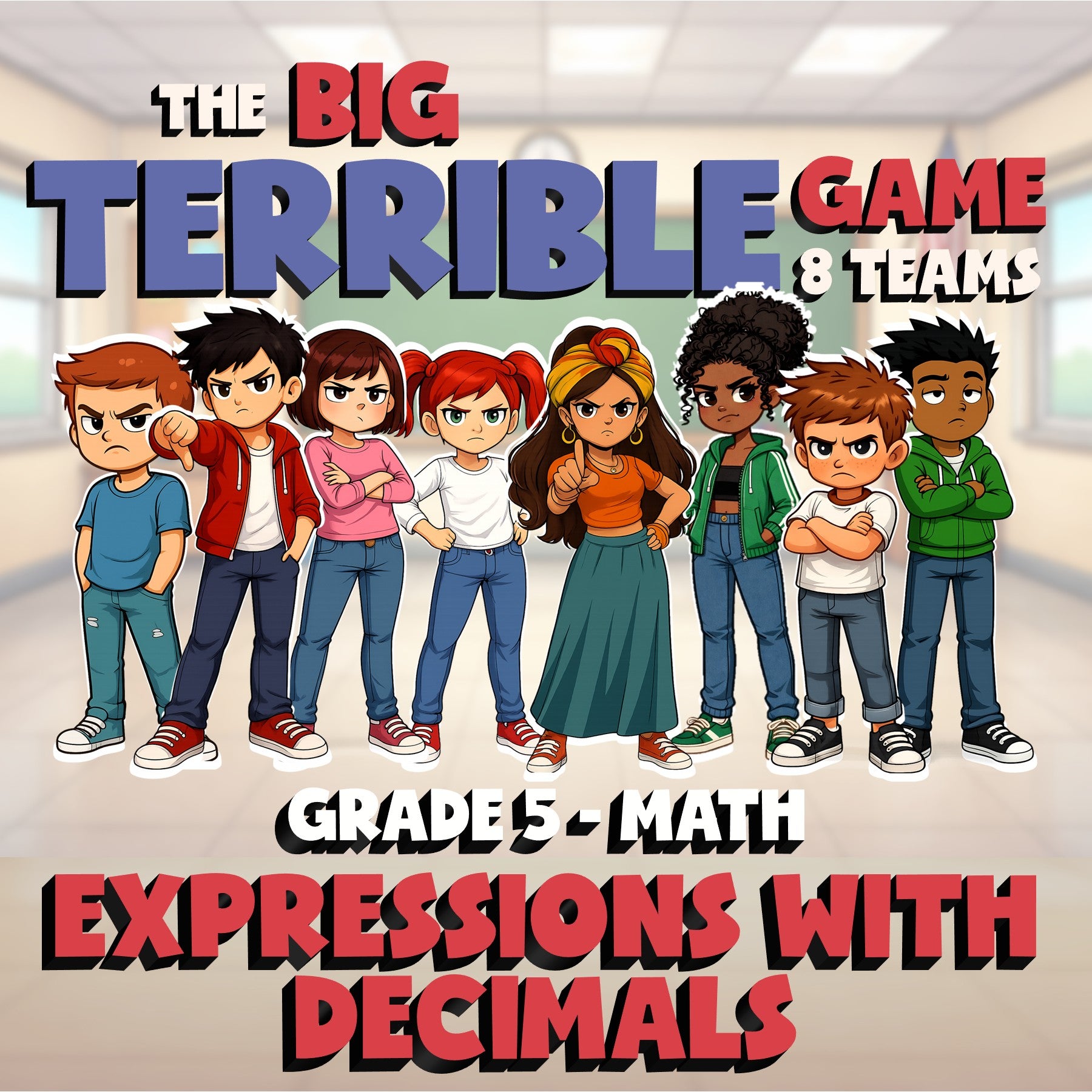 Expressions with Decimals BIG TERRIBLE GAME - No Prep Grade 5 Math Review