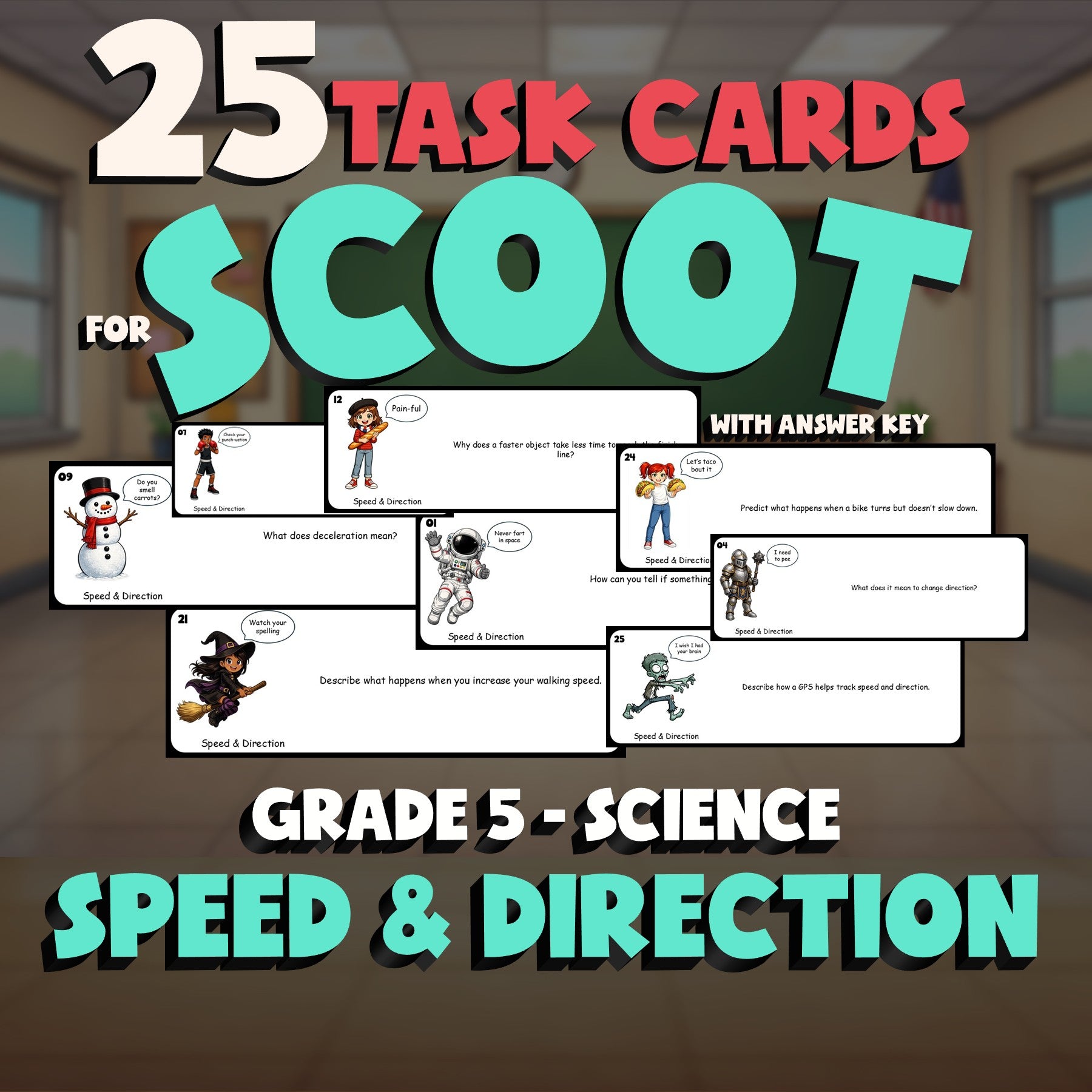 Speed & Direction SCOOT TASK CARDS Science Game - No Prep Grade 5 Review
