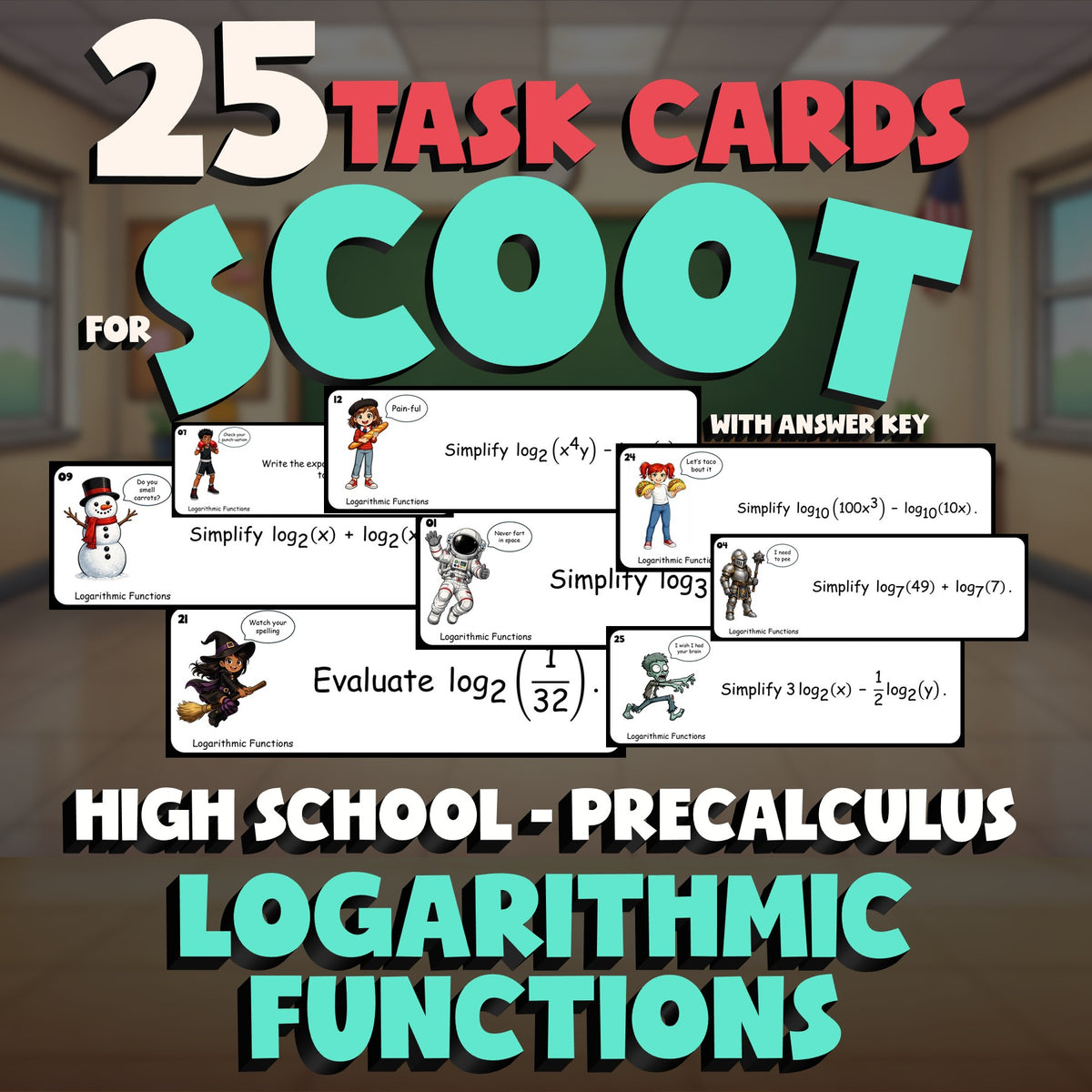 Logarithmic Functions SCOOT TASK CARDS Math Game - No Prep PreCalculus Review
