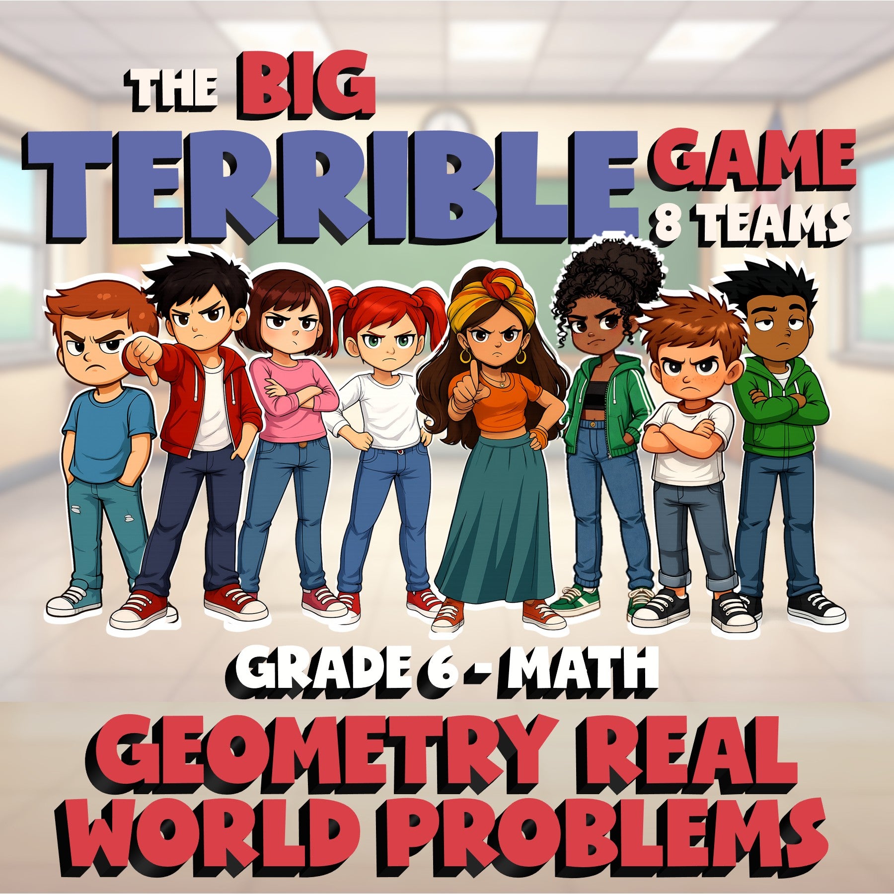 Geometry Real World Problems BIG TERRIBLE GAME - No Prep Grade 6 Math Review
