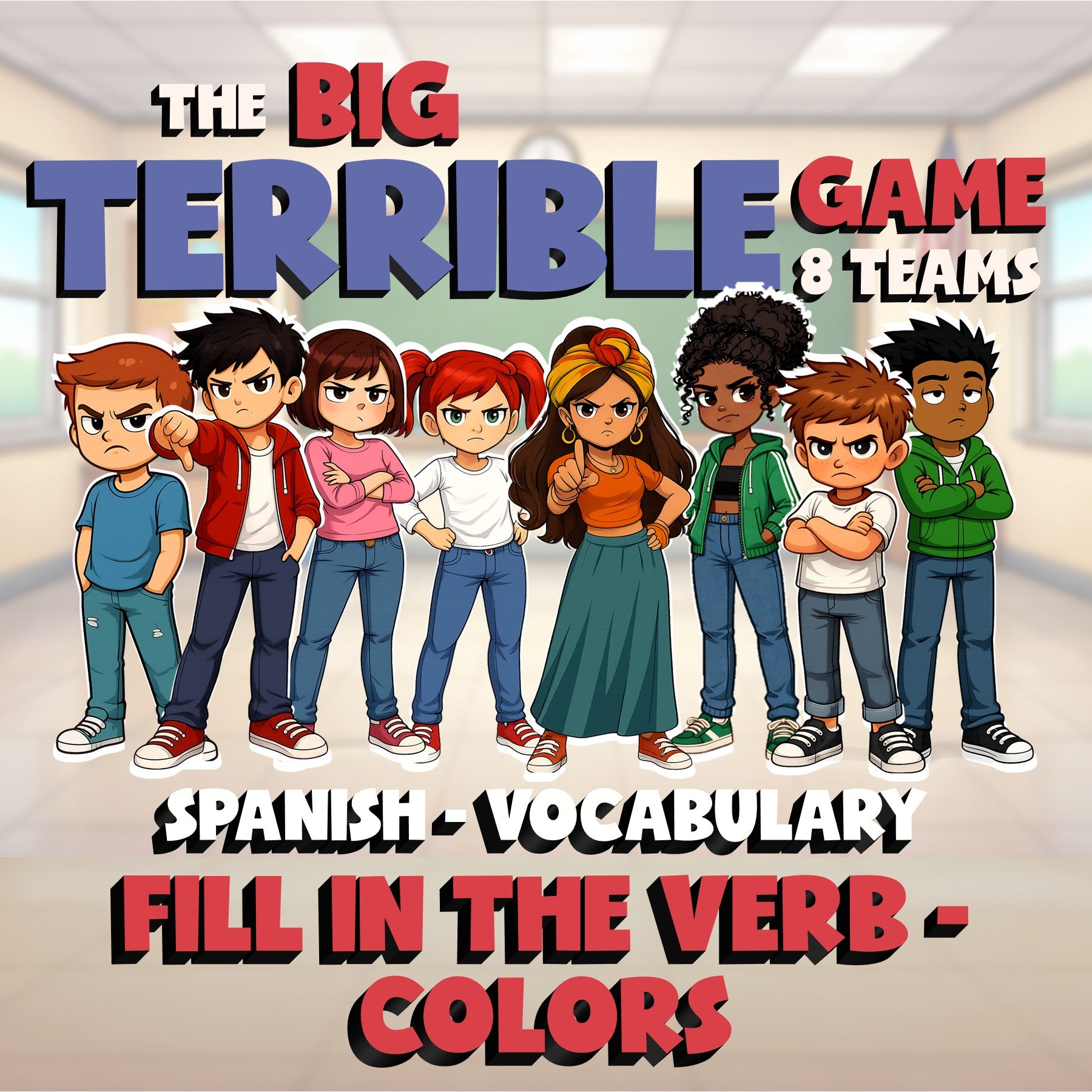 Fill In The Verb - Colors BIG TERRIBLE GAME - No Prep Spanish Exercise Activity