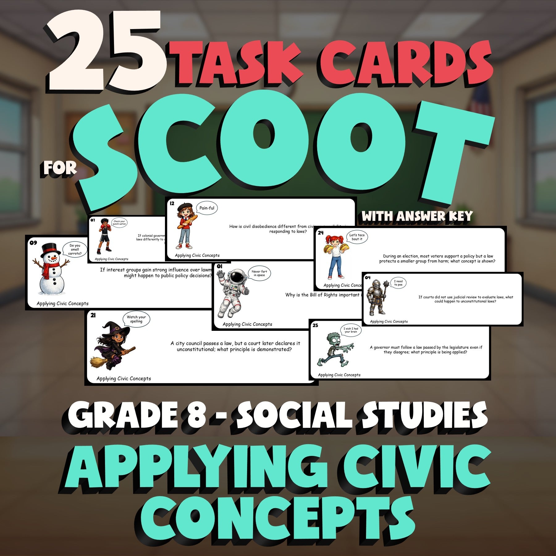 Applying Civic Concepts SCOOT TASK CARDS Socials Game - No Prep Grade 8 Review