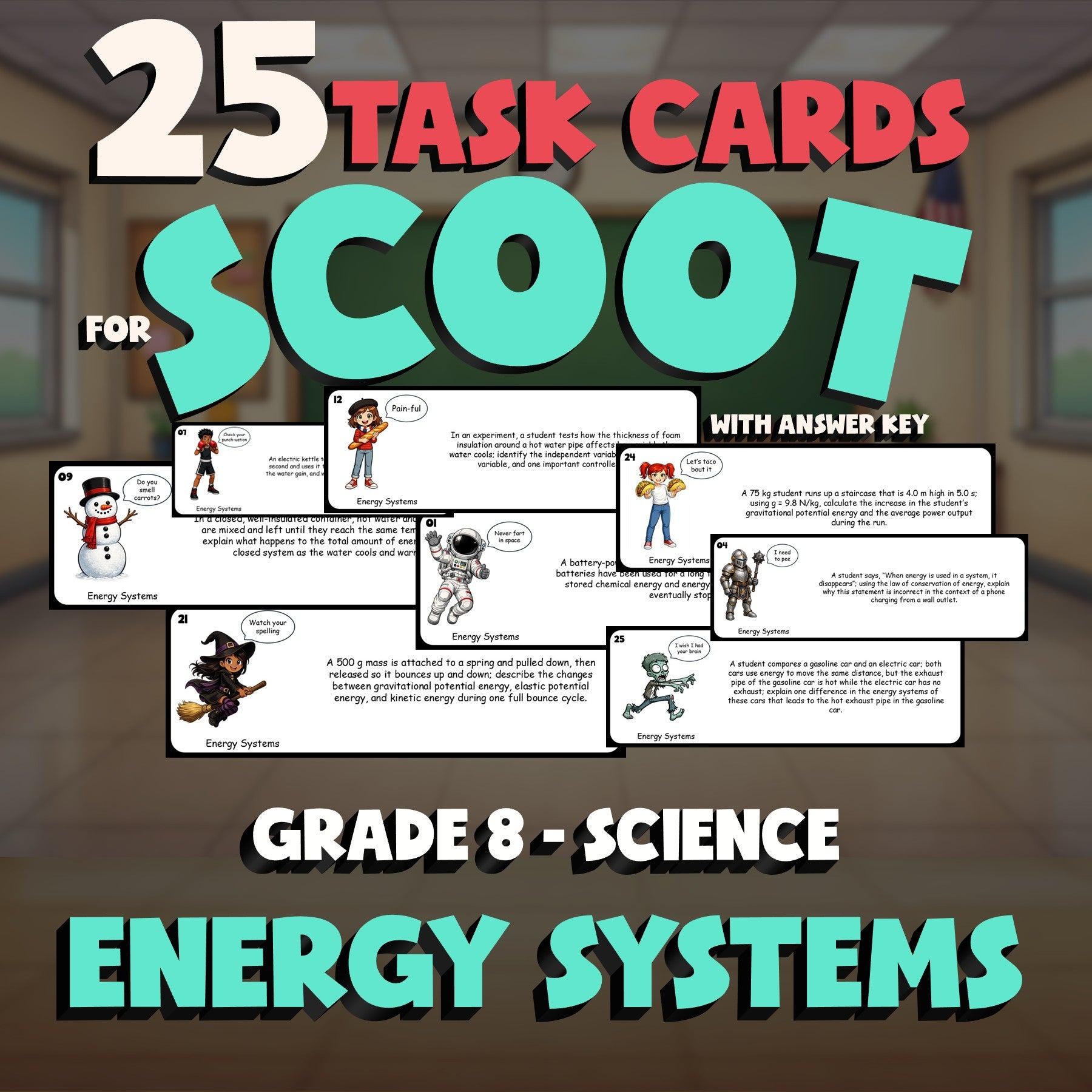 Energy Systems SCOOT TASK CARDS Science Game - No Prep Grade 8 Review Activity
