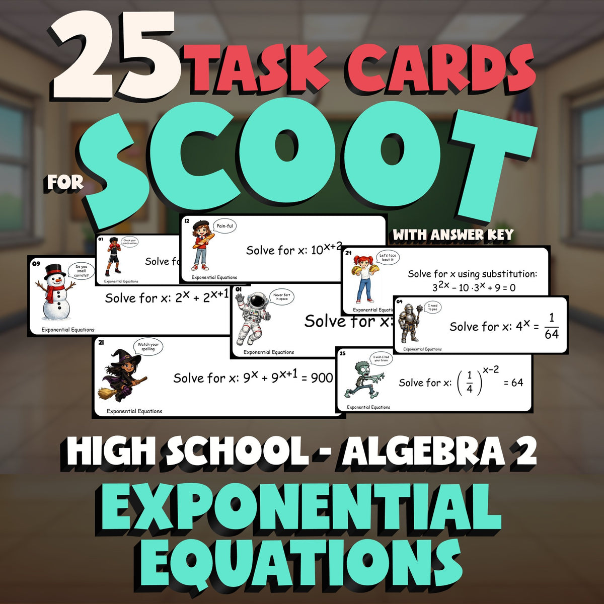 Exponential Equations SCOOT TASK CARDS Math Game - No Prep Algebra 2 Review