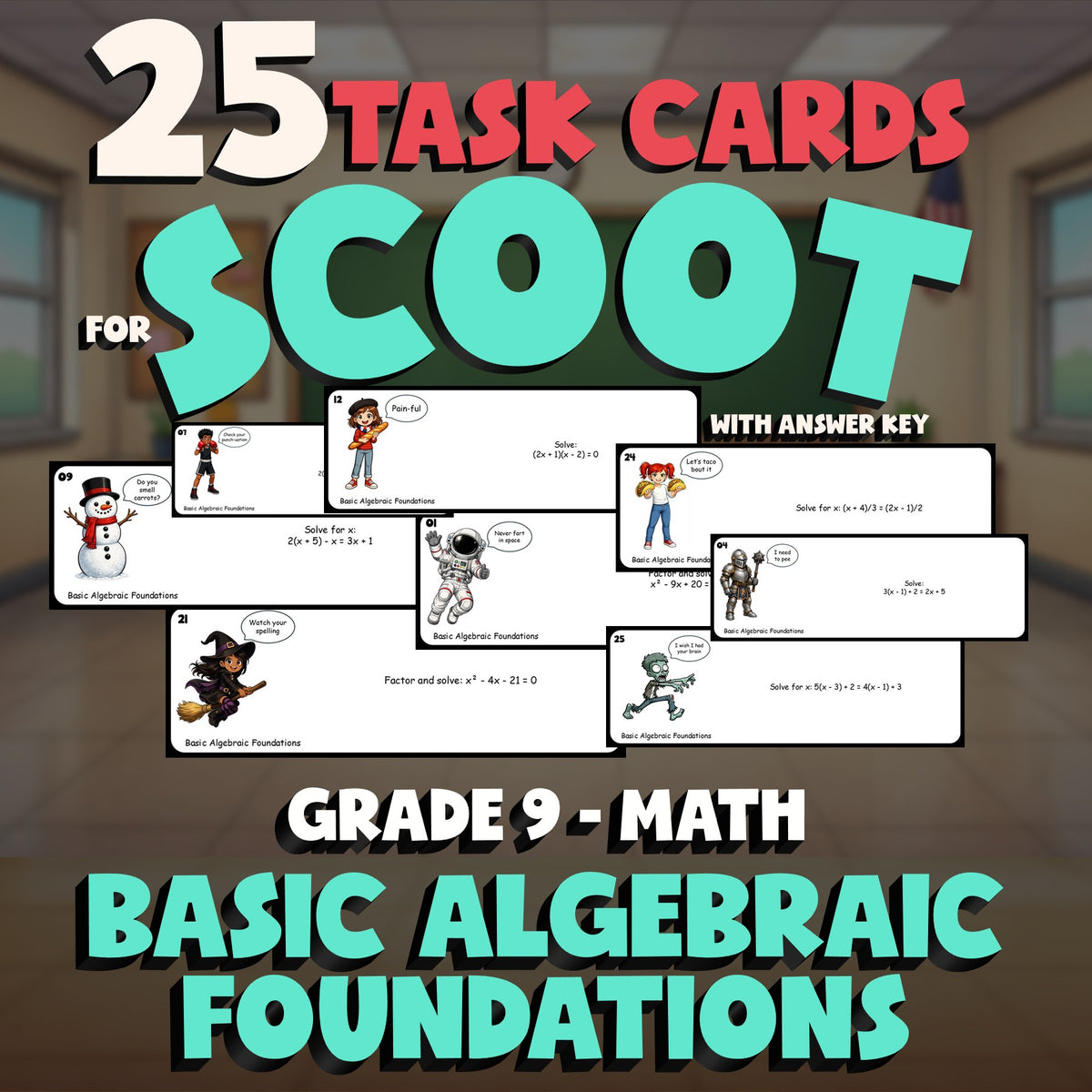 Basic Algebraic Foundations SCOOT TASK CARDS Math Game - No Prep Grade 9 Review
