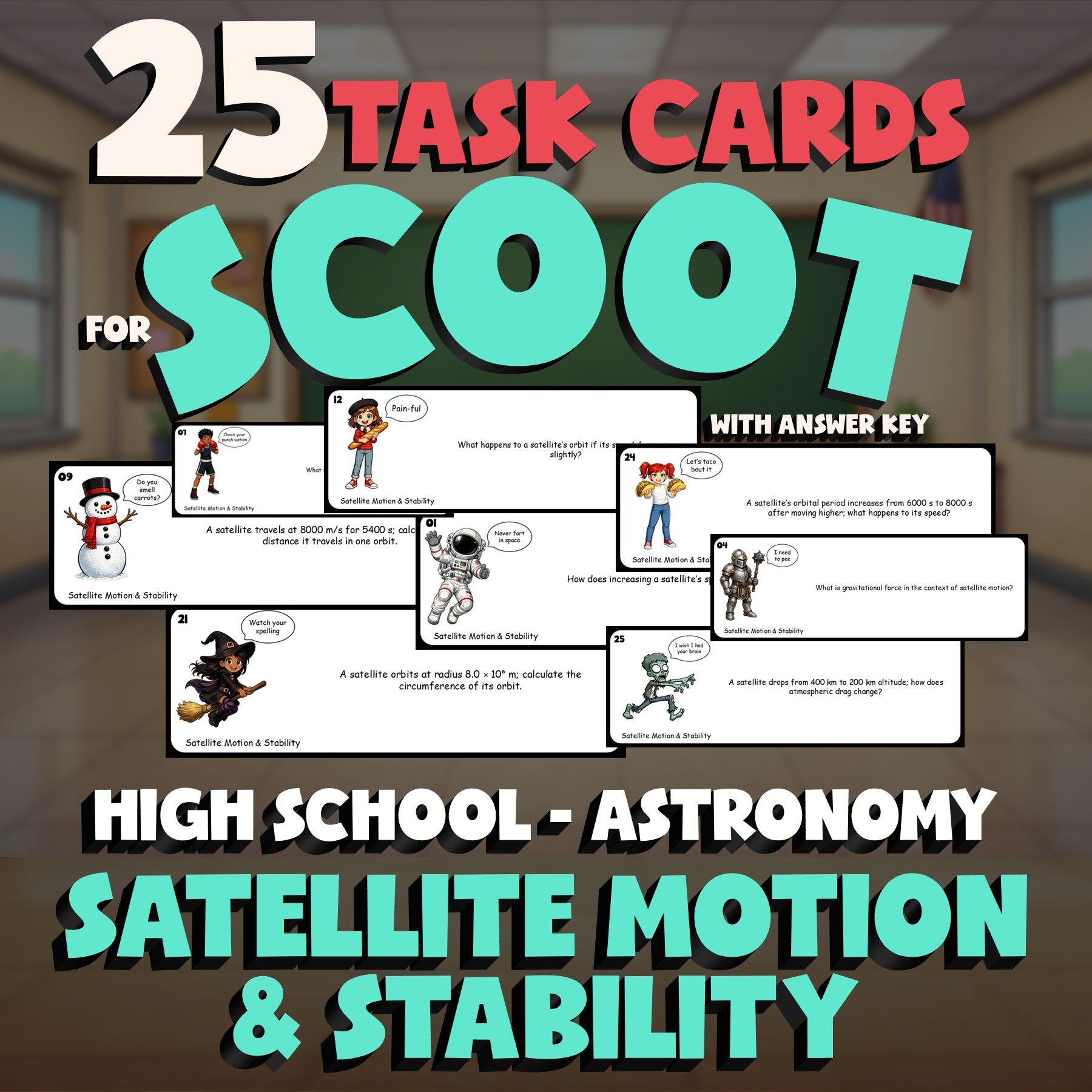Satellite Motion & Stability SCOOT TASK CARDS Science Game - No Prep Astronomy