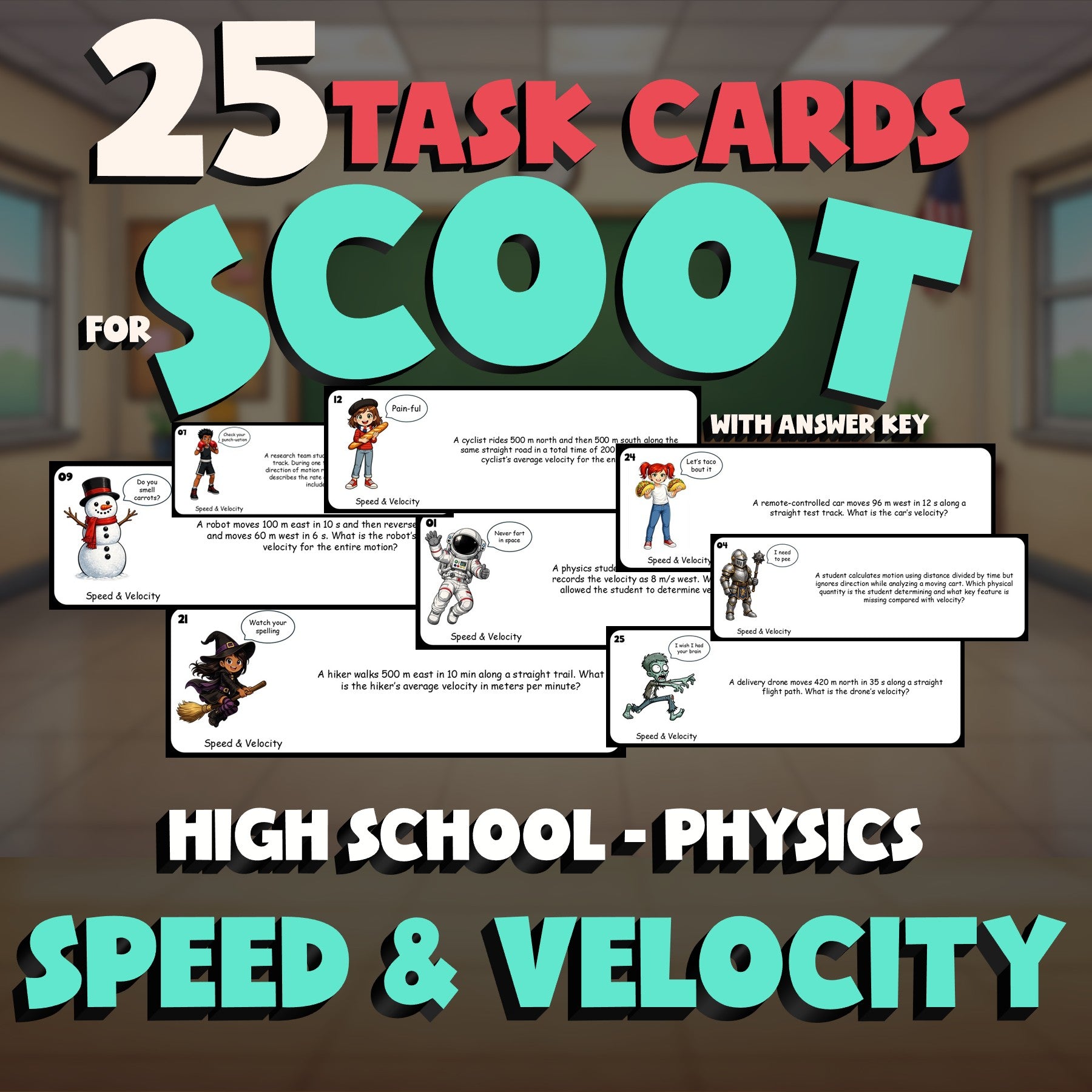 Speed & Velocity SCOOT TASK CARDS Science Game - No Prep Physics Review Activity