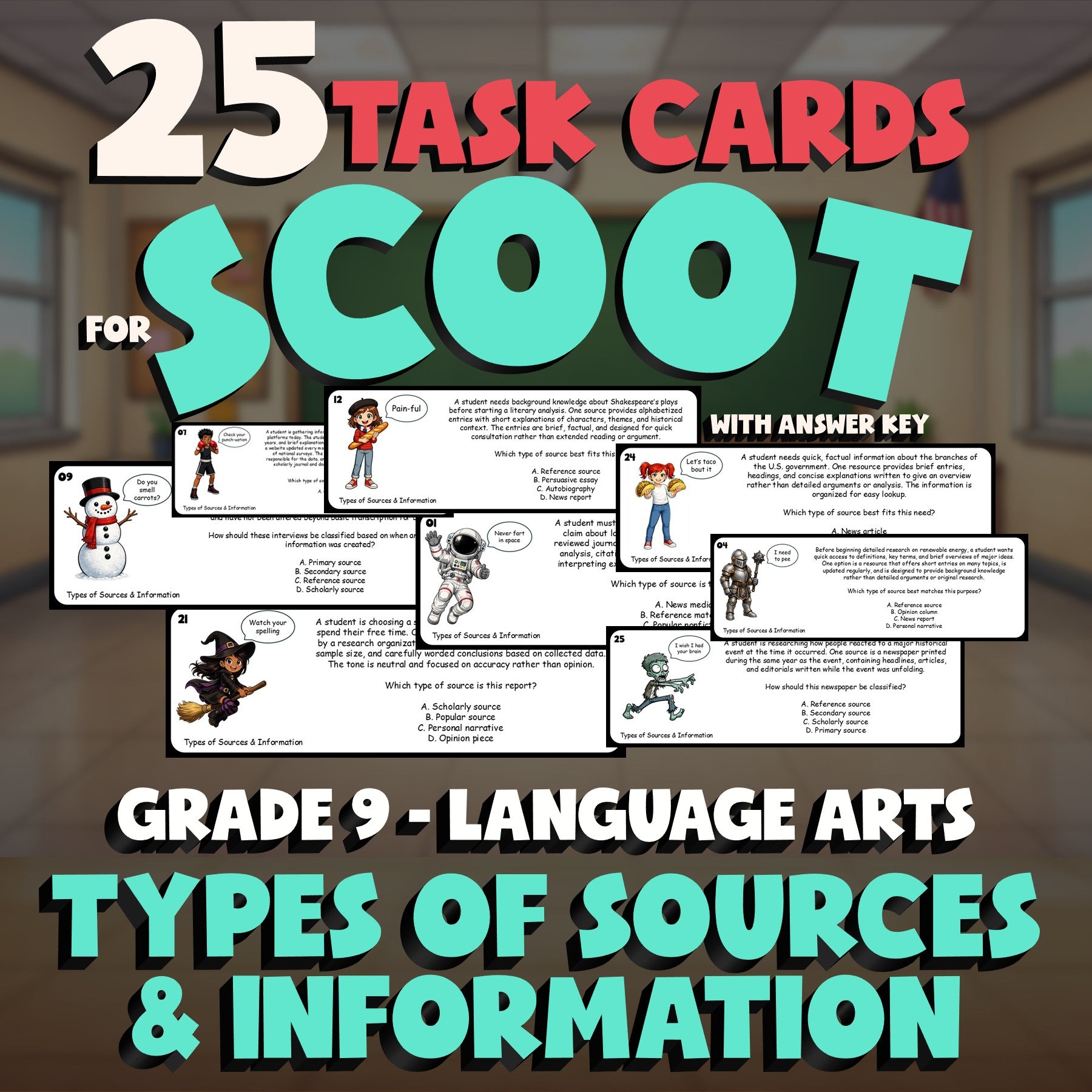 Types of Sources & Information SCOOT TASK CARDS ELA Game - No Prep Grade 9