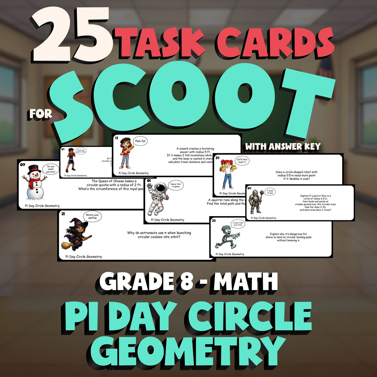 Pi Day Circle Geometry SCOOT TASK CARDS Math Game - No Prep Grade 8 Review