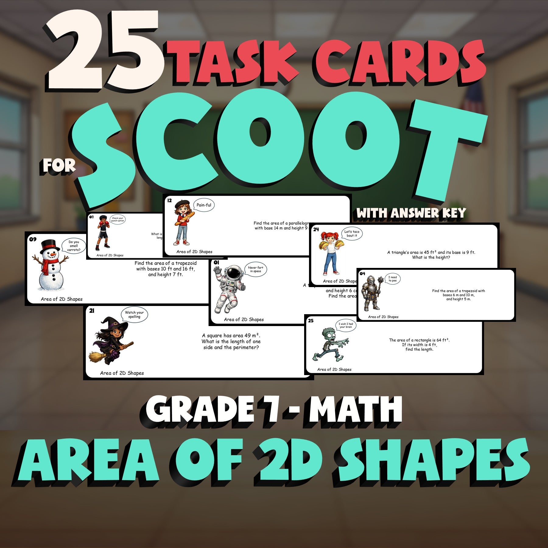 Area of 2D Shapes SCOOT TASK CARDS Math Game - No Prep Grade 7 Review Activity