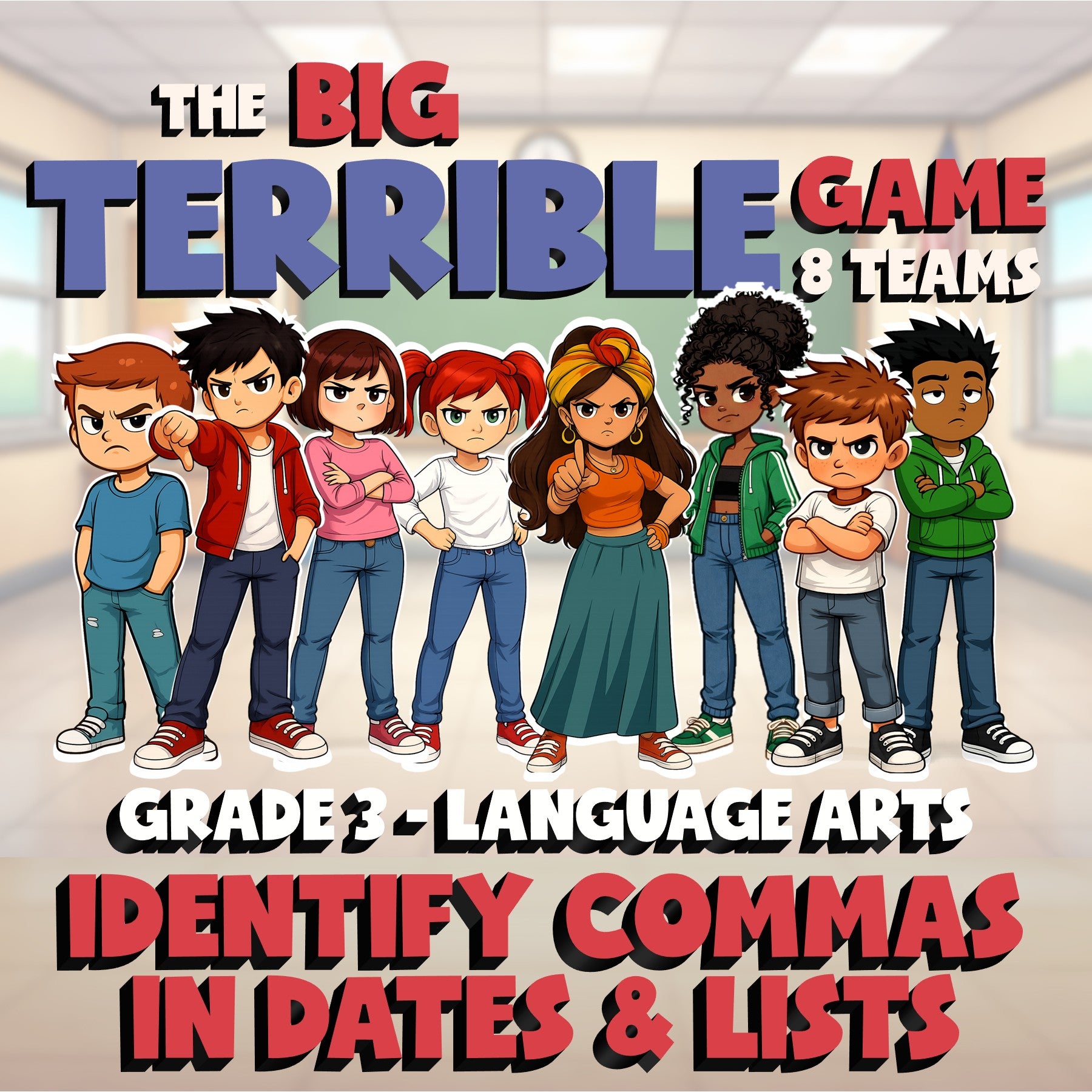 Identify Commas in Dates & Lists BIG TERRIBLE GAME - No Prep Grade 3 ELA Review