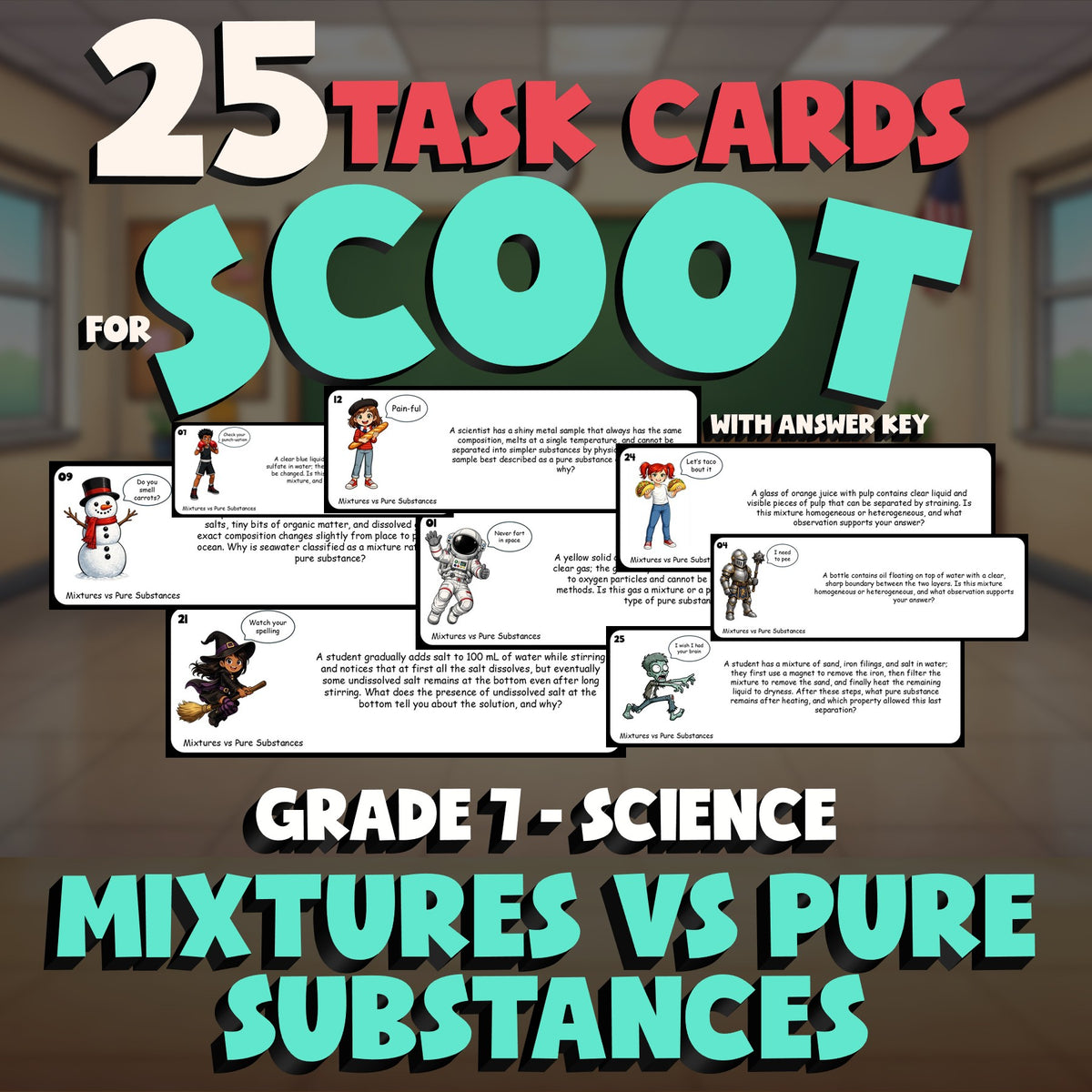 Mixtures vs Pure Substances SCOOT TASK CARDS Science Game - No Prep Grade 7