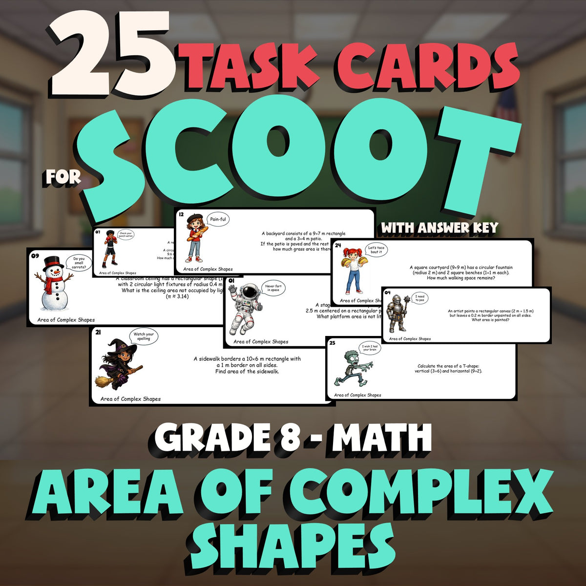 Area of Complex Shapes SCOOT TASK CARDS Math Game - No Prep Grade 8 Review