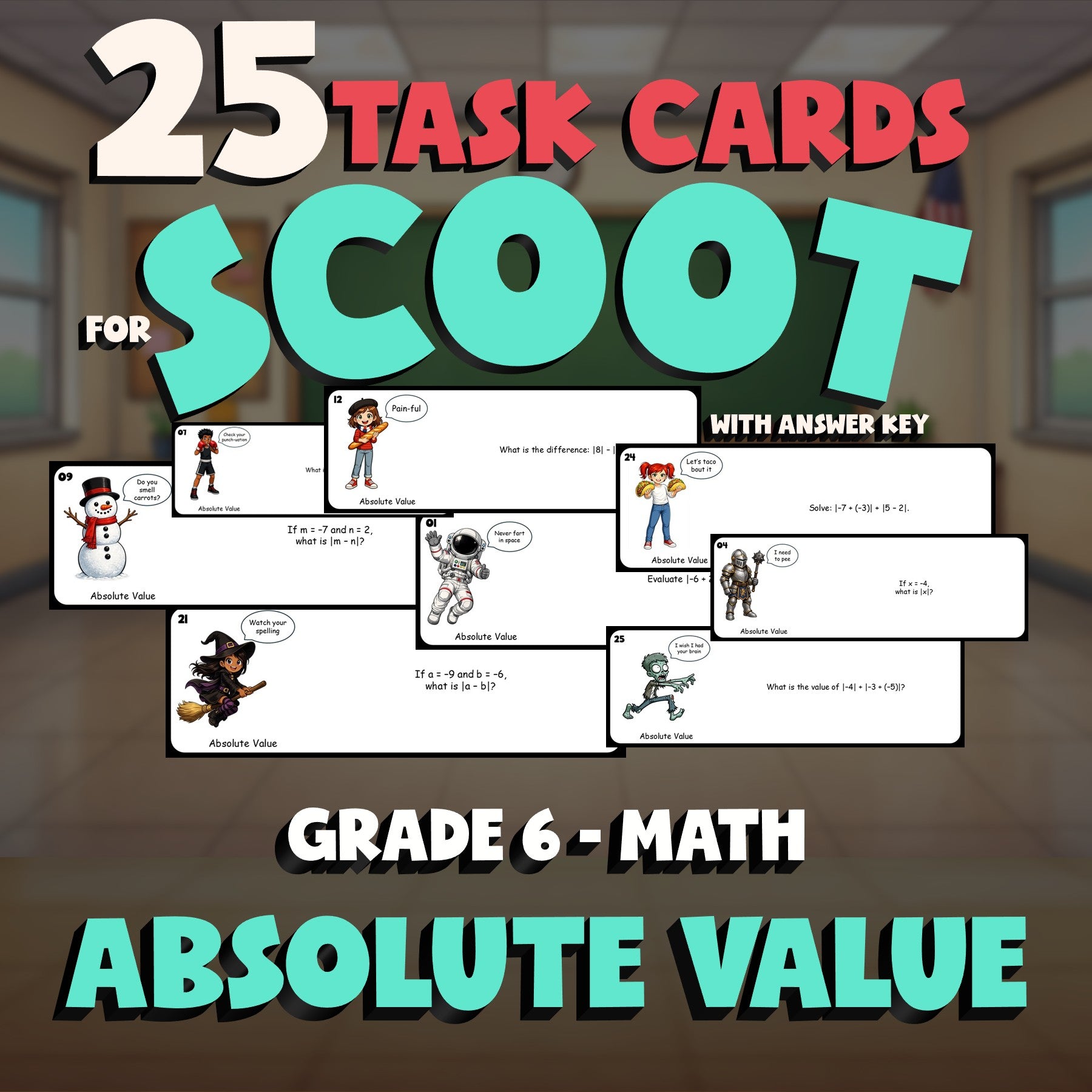 Absolute Value SCOOT TASK CARDS Math Game - No Prep Grade 6 Review Activity