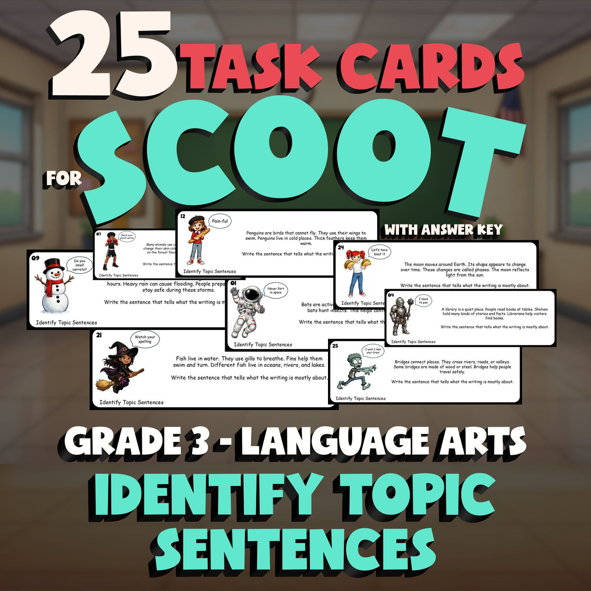 Identify Topic Sentences SCOOT TASK CARDS ELA Game - No Prep Grade 3 Review