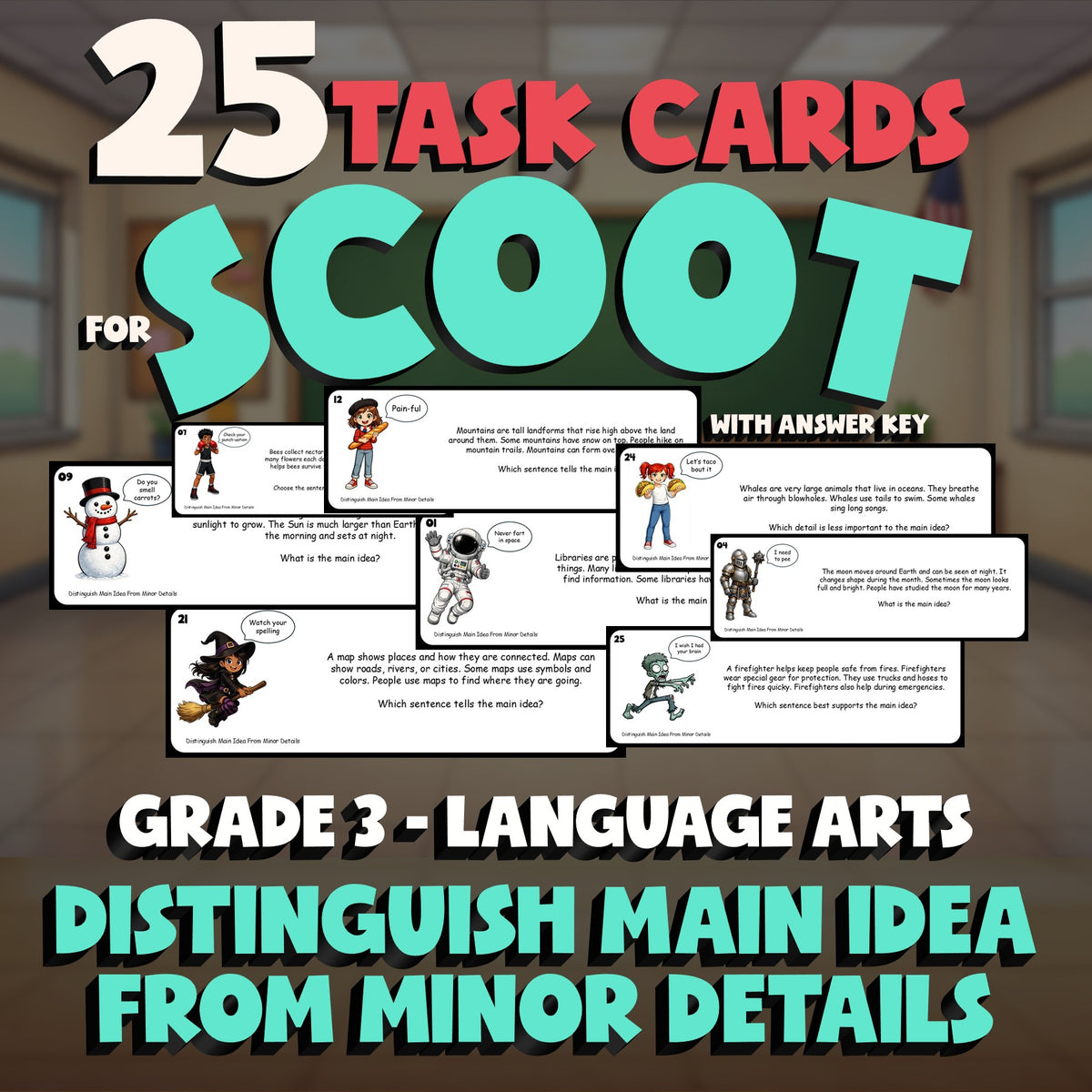 Distinguish Main Idea From Minor Details SCOOT TASK CARDS ELA Game - Grade 3