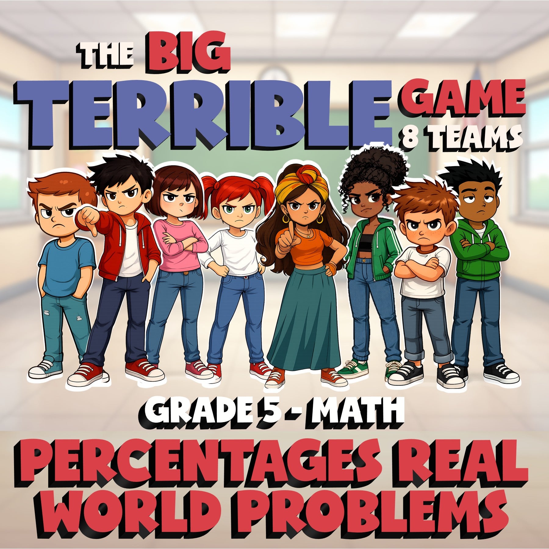 Percentages Real World Problems BIG TERRIBLE GAME - No Prep Grade 5 Math Review
