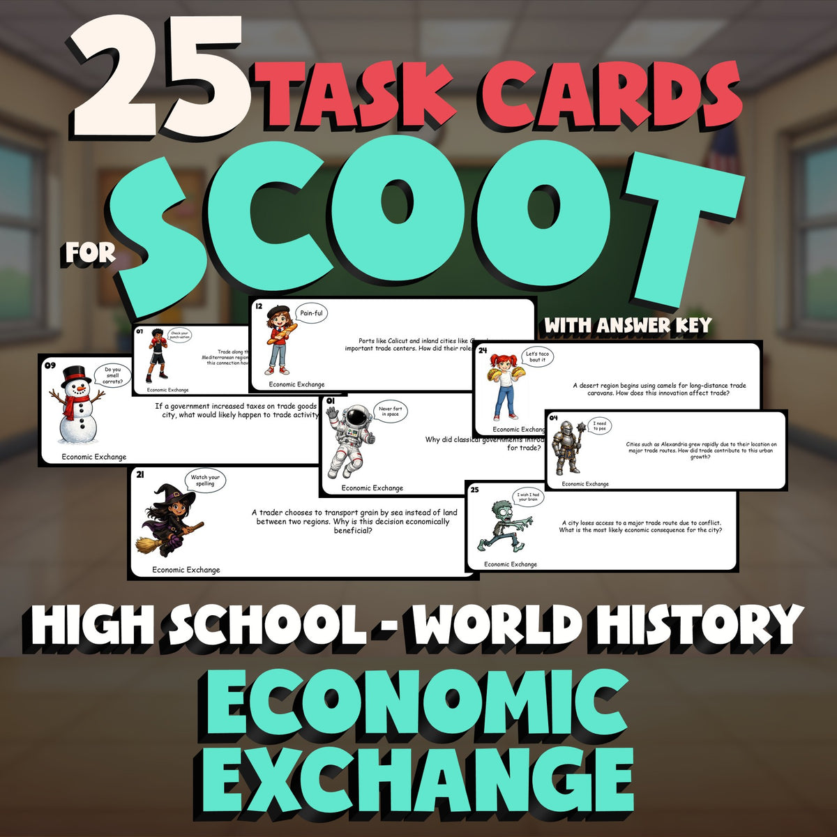 Economic Exchange SCOOT TASK CARDS Game - No Prep World History Review Activity