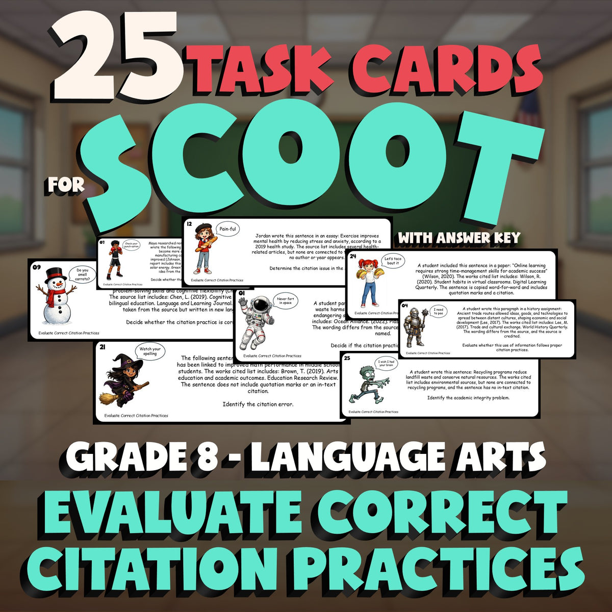 Evaluate Correct Citation Practices SCOOT TASK CARDS ELA Game - No Prep Grade 8