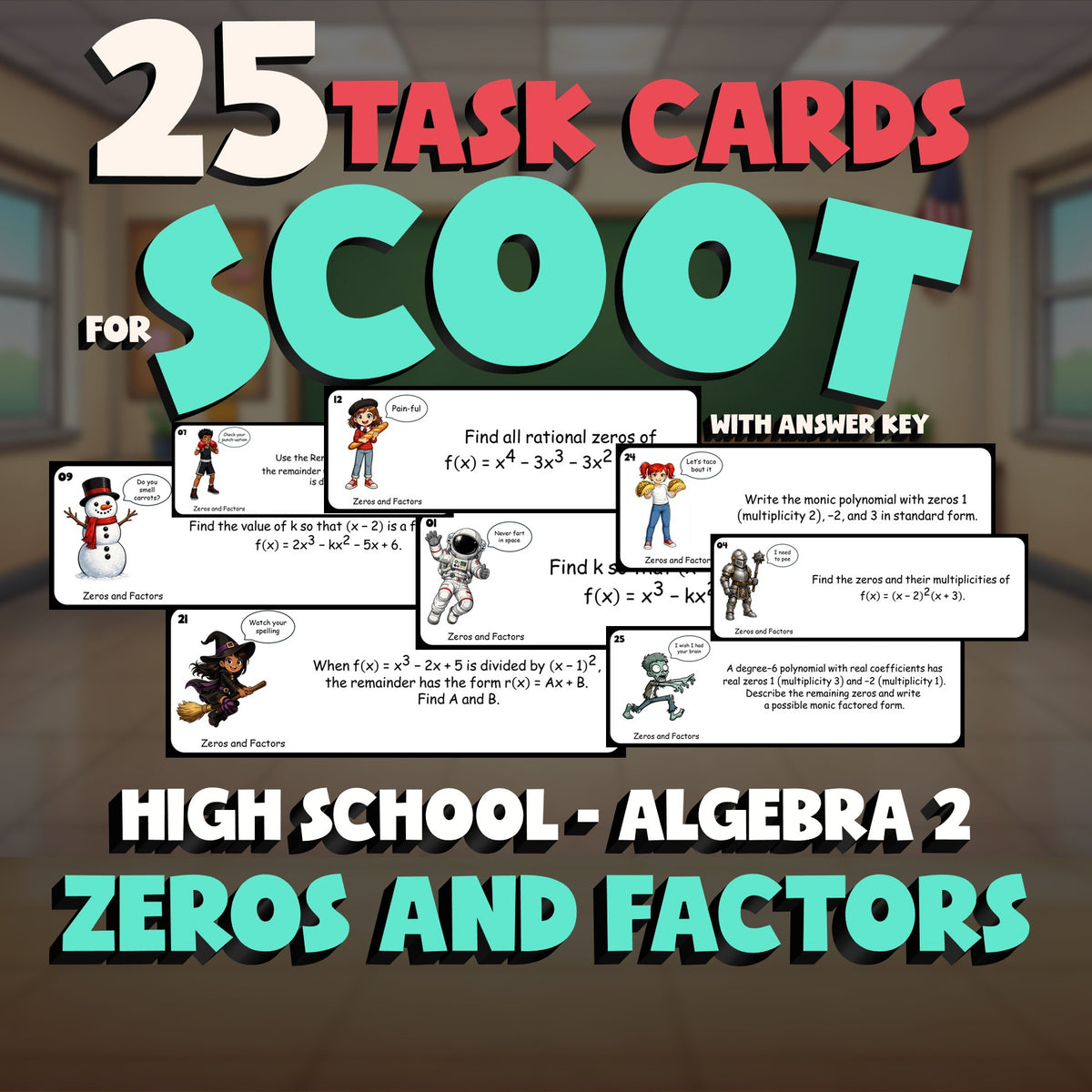 Zeros and Factors SCOOT TASK CARDS Math Game - No Prep Algebra 2 Review Activity