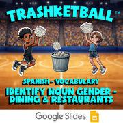 Identify Noun Gender - Dining & Restaurants TRASHKETBALL Spanish Game - No Prep
