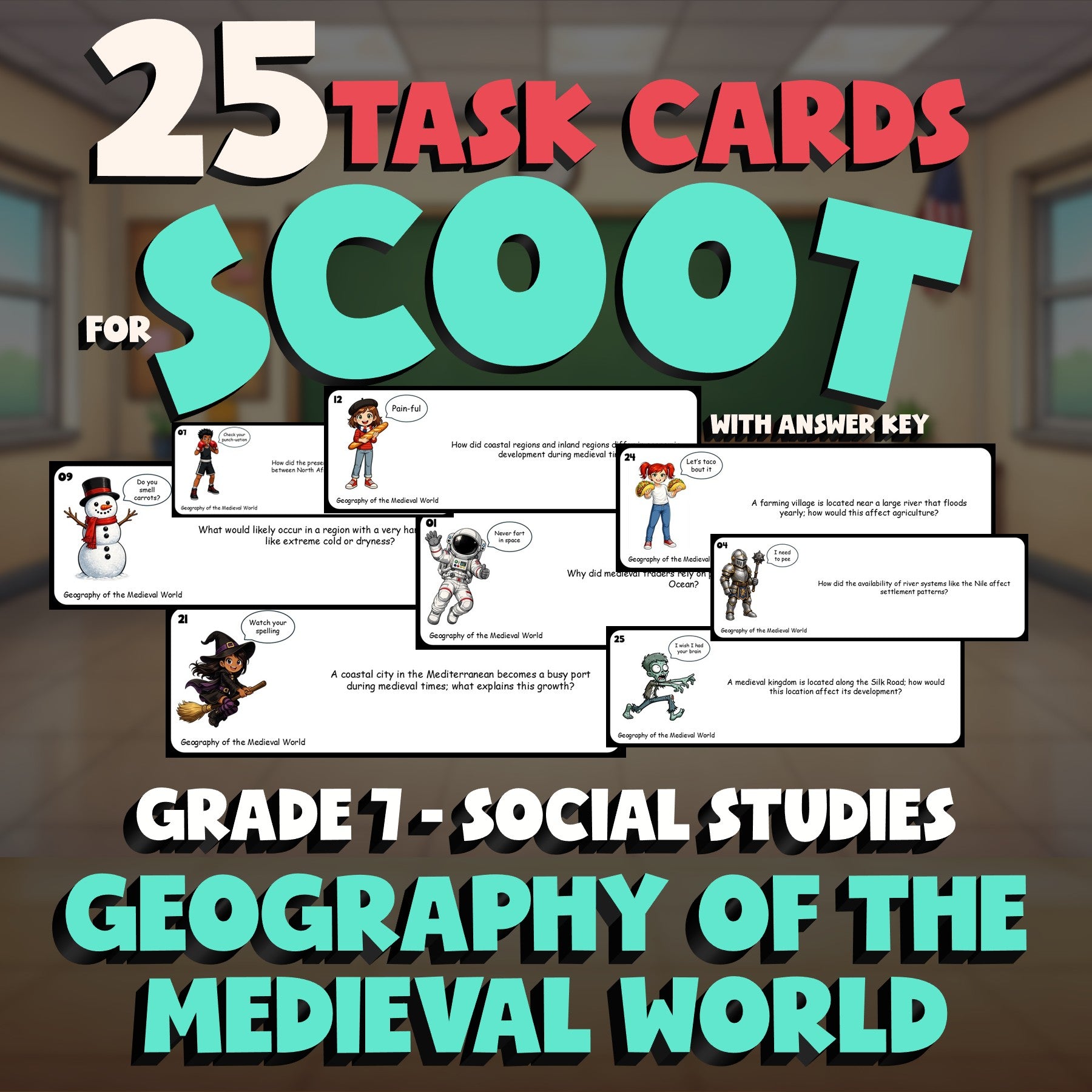 Geography of the Medieval World SCOOT TASK CARDS Socials Game - No Prep Grade 7