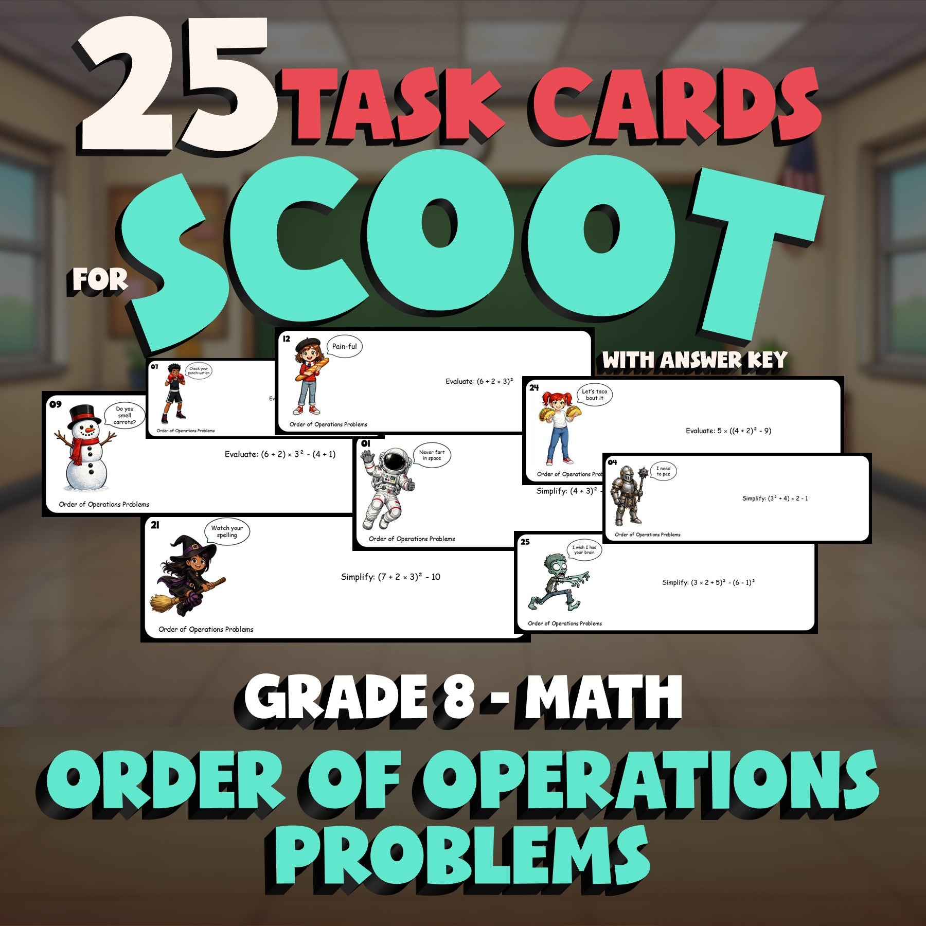 Order of Operations Problems SCOOT TASK CARDS Math Game - No Prep Grade 8 Review