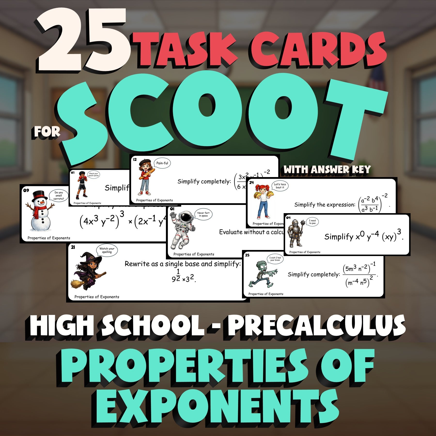 Properties of Exponents SCOOT TASK CARDS Math Game - No Prep PreCalculus Review
