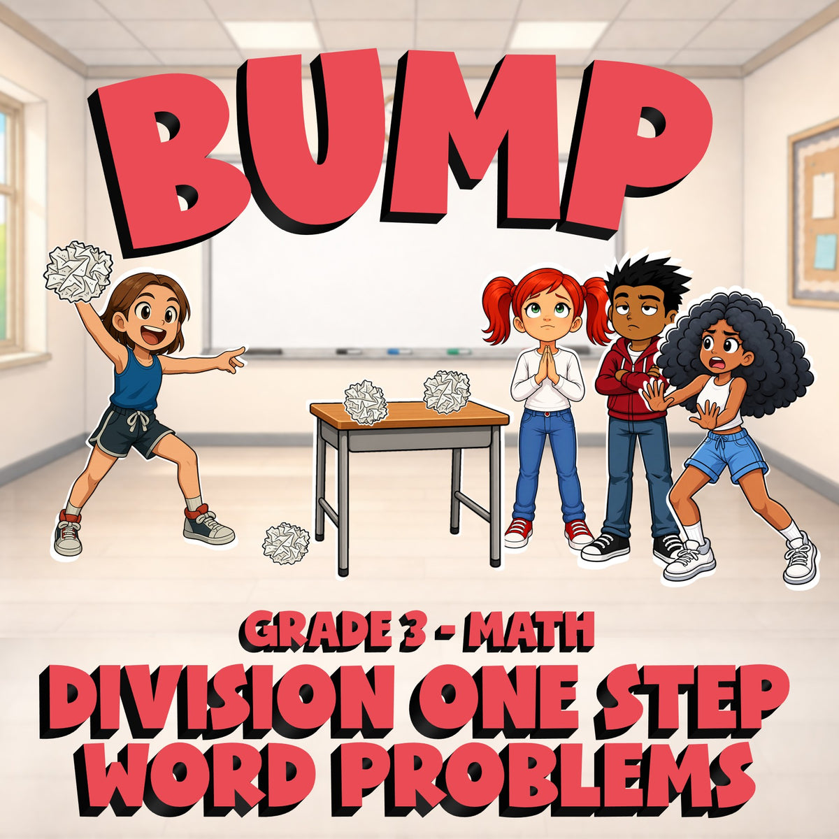 Division One Step Word Problems BUMP Math Game - No Prep Grade 3 Review Activity