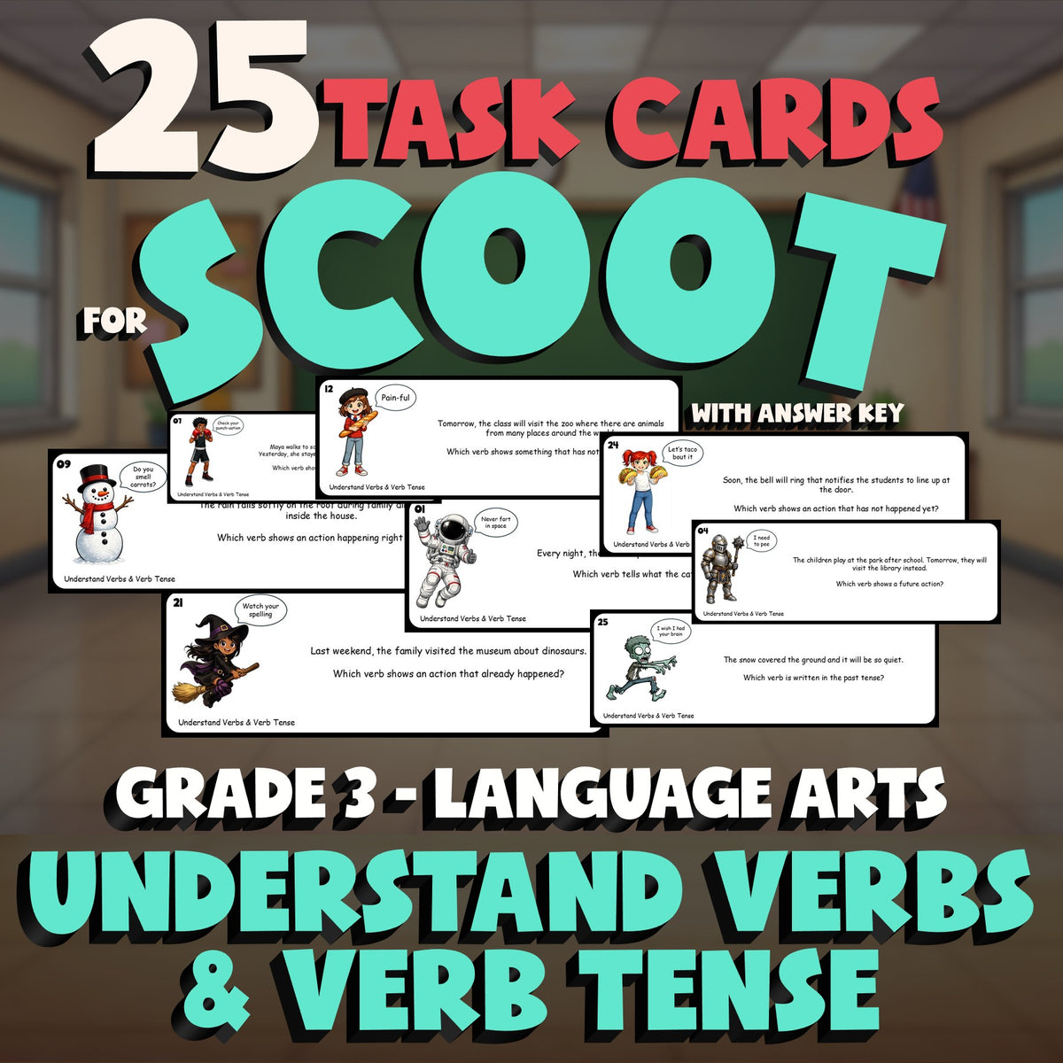 Understand Verbs & Verb Tense SCOOT TASK CARDS ELA Game - No Prep Grade 3 Review