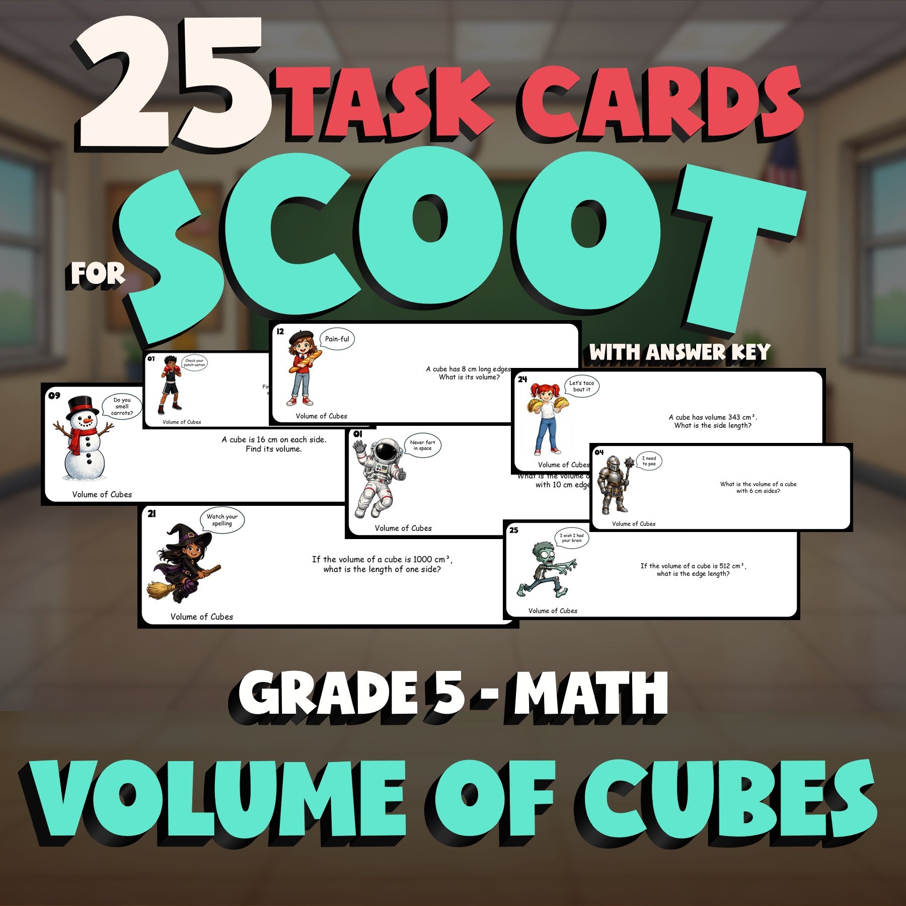 Volume of Cubes SCOOT TASK CARDS Math Game - No Prep Grade 5 Review Activity