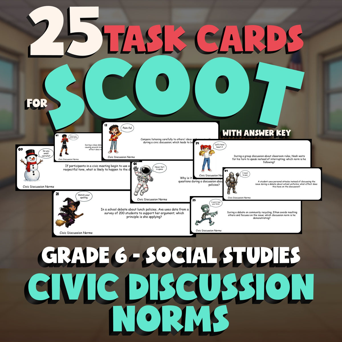 Civic Discussion Norms SCOOT TASK CARDS Socials Game - No Prep Grade 6 Review