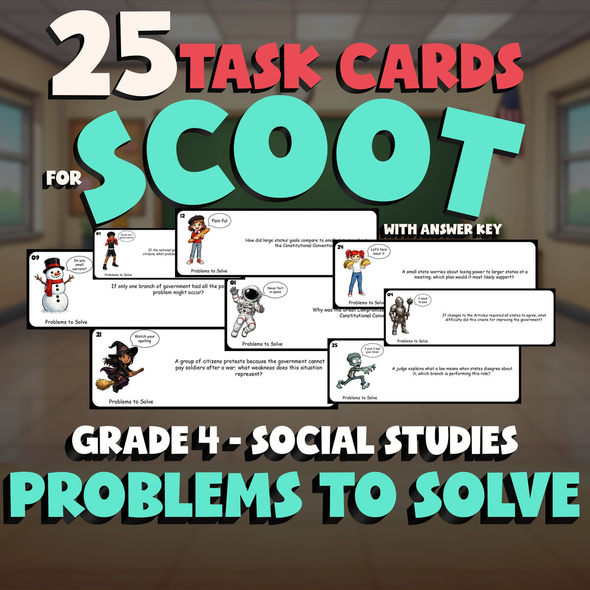 Problems to Solve SCOOT TASK CARDS Socials Game - No Prep Grade 4 Review