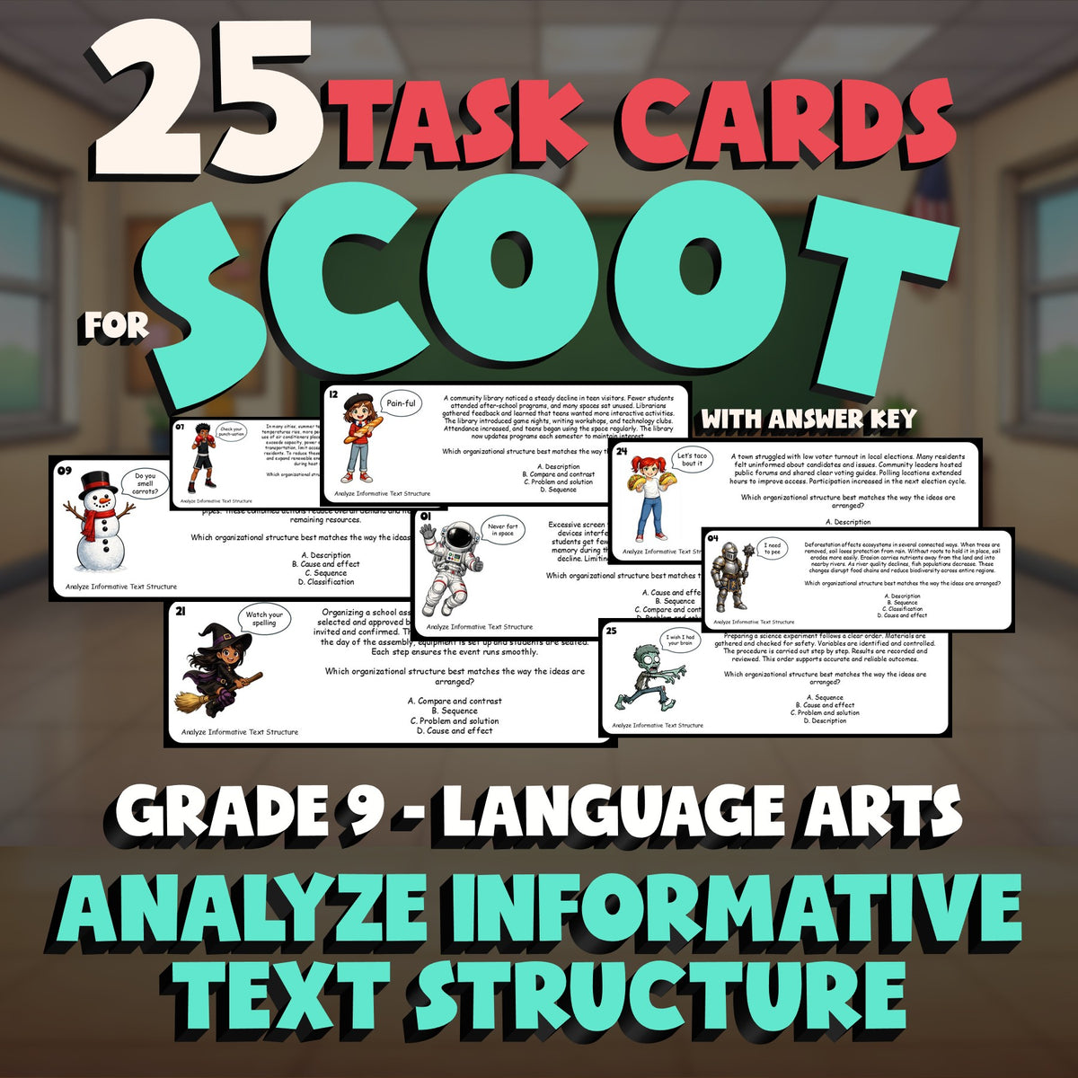 Analyze Informative Text Structure SCOOT TASK CARDS ELA Game - No Prep Grade 9