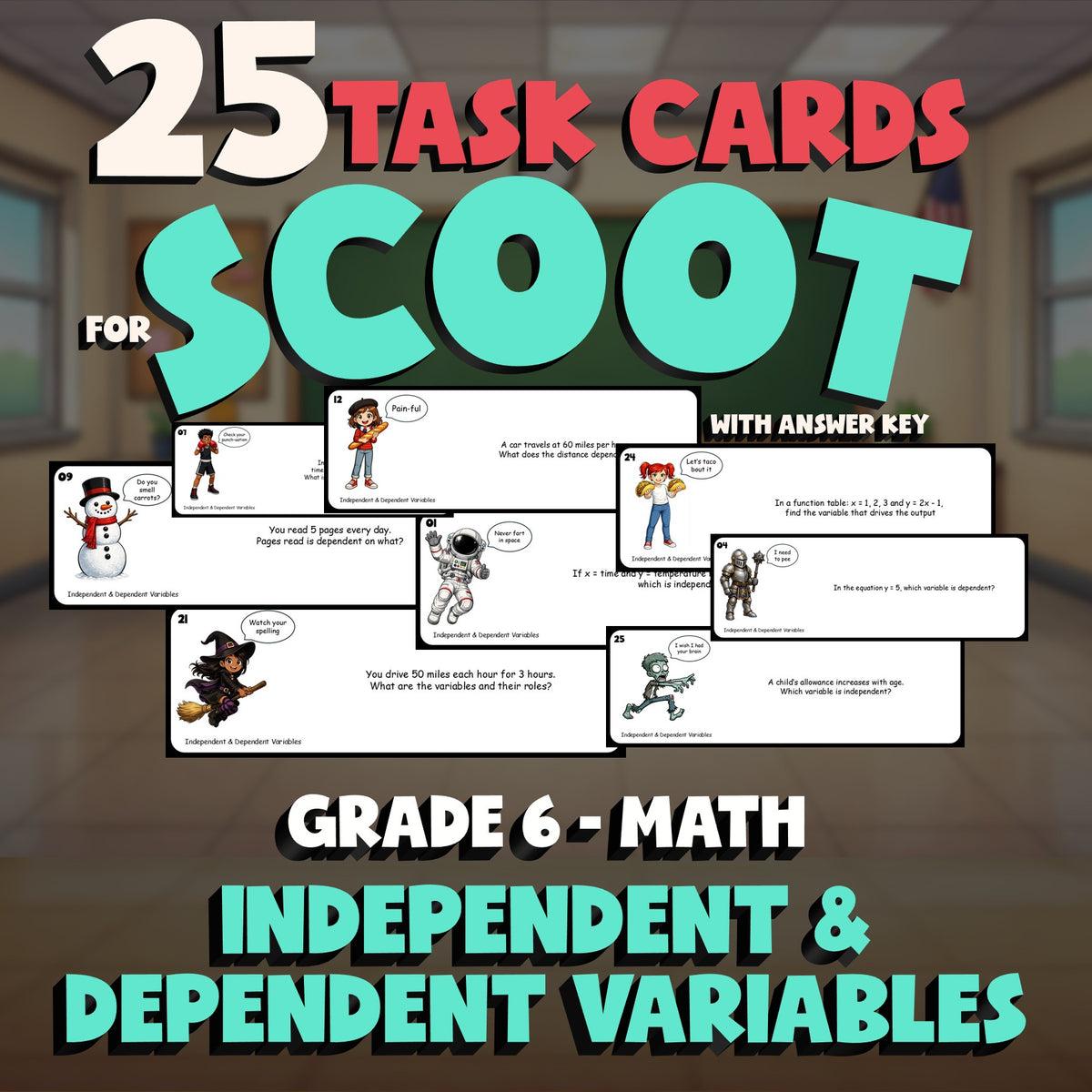Independent & Dependent Variables SCOOT TASK CARDS Math Game - No Prep Grade 6