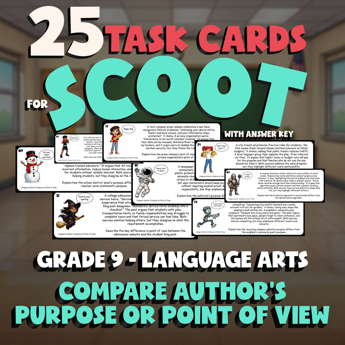 Compare Author's Purpose or Point of View SCOOT TASK CARDS ELA Game - Grade 9