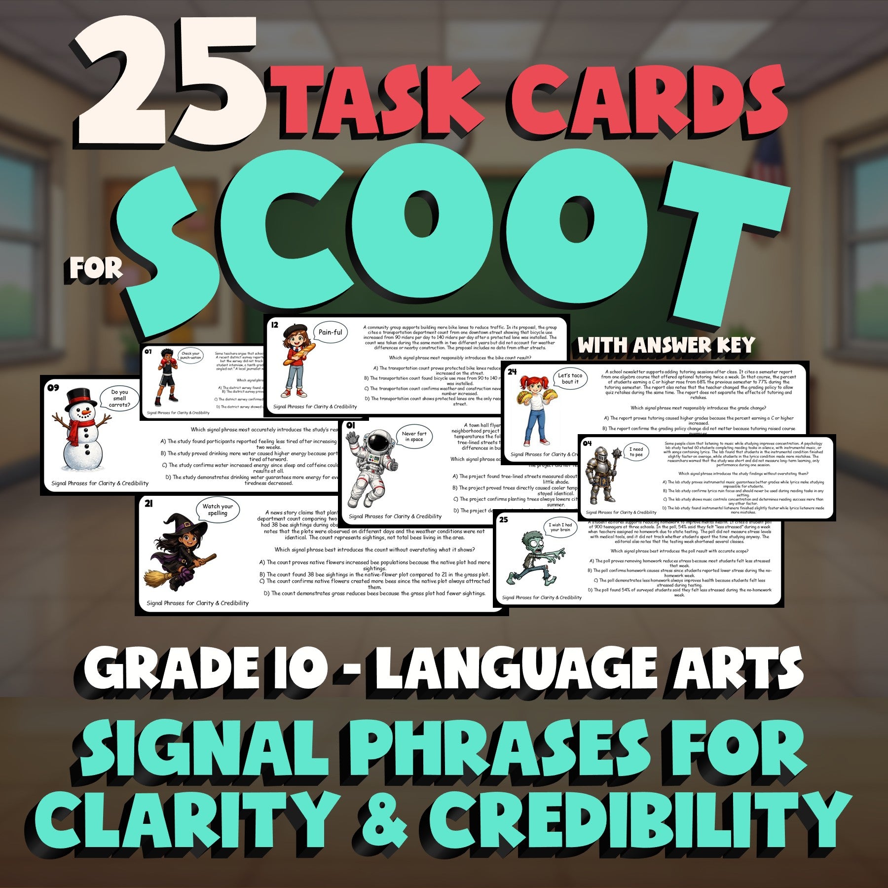 Signal Phrases for Clarity & Credibility SCOOT TASK CARDS ELA Game - Grade 10