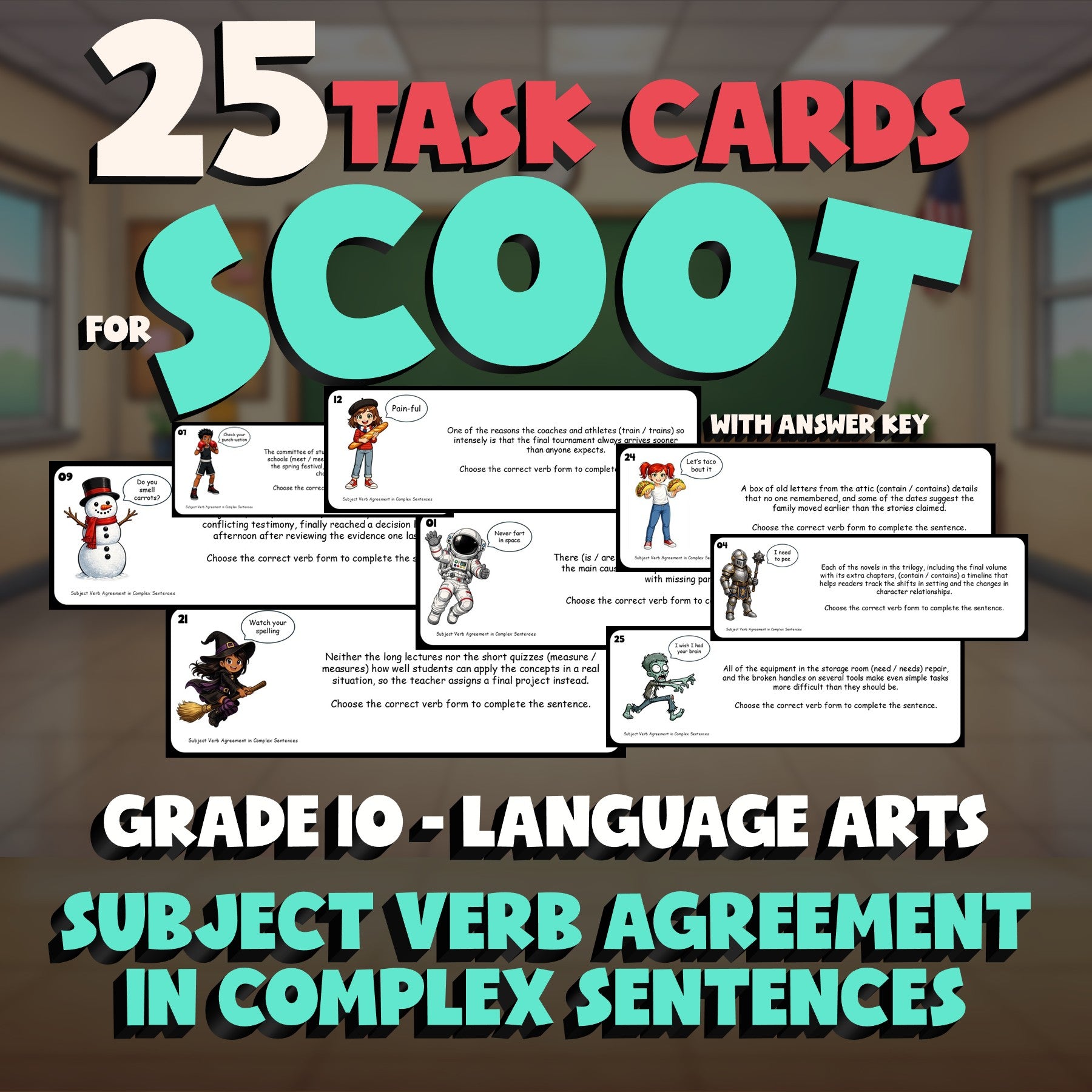 Subject Verb Agreement in Complex Sentences SCOOT TASK CARDS ELA Game - Grade 10