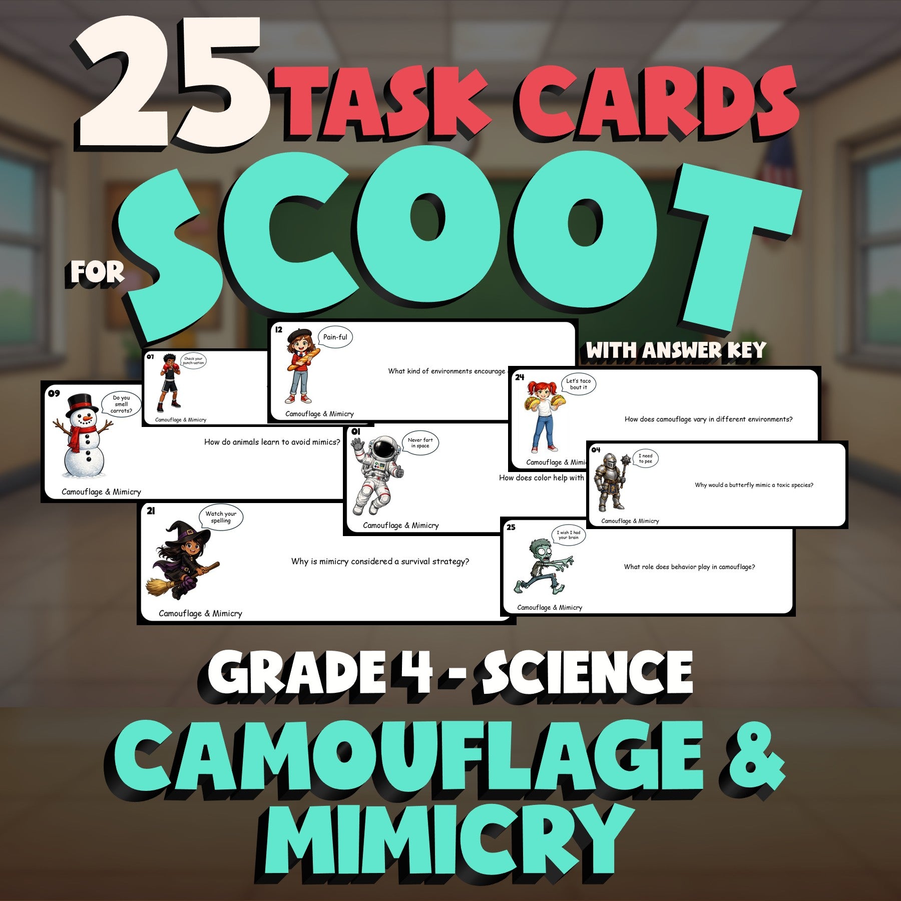 Camouflage & Mimicry SCOOT TASK CARDS Science Game - No Prep Grade 4 Review