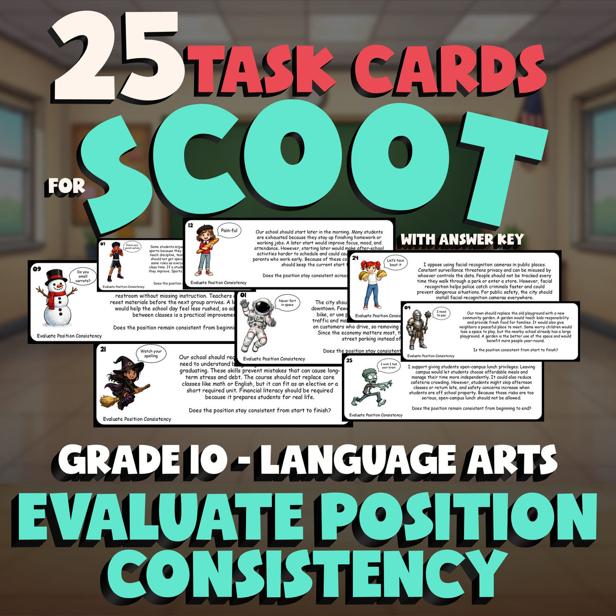 Evaluate Position Consistency SCOOT TASK CARDS ELA Game - No Prep Grade 10