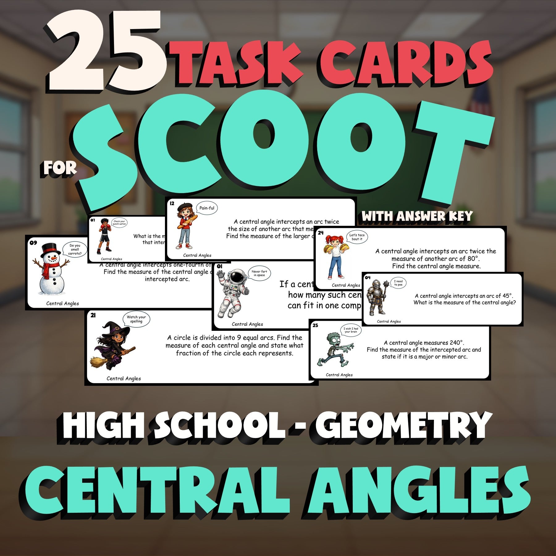 Central Angles SCOOT TASK CARDS Math Game - No Prep Geometry Review Activity