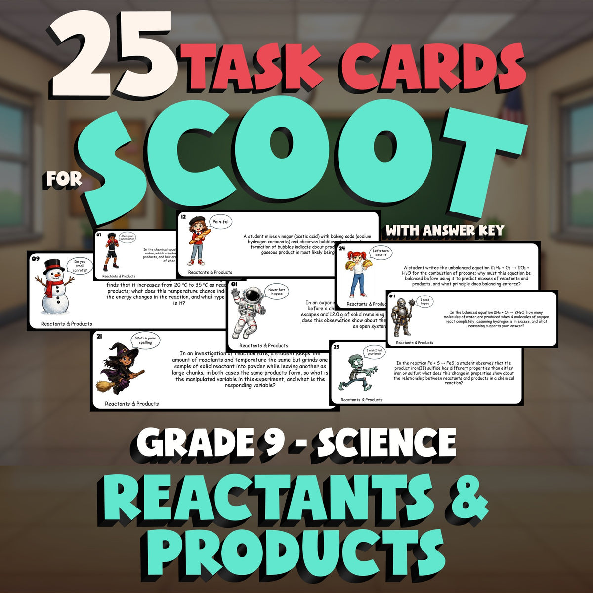 Reactants & Products SCOOT TASK CARDS Science Game - No Prep Grade 9 Review