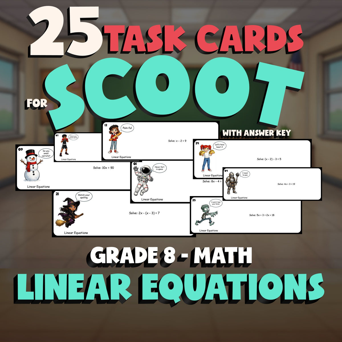 Linear Equations SCOOT TASK CARDS Math Game - No Prep Grade 8 Review Activity